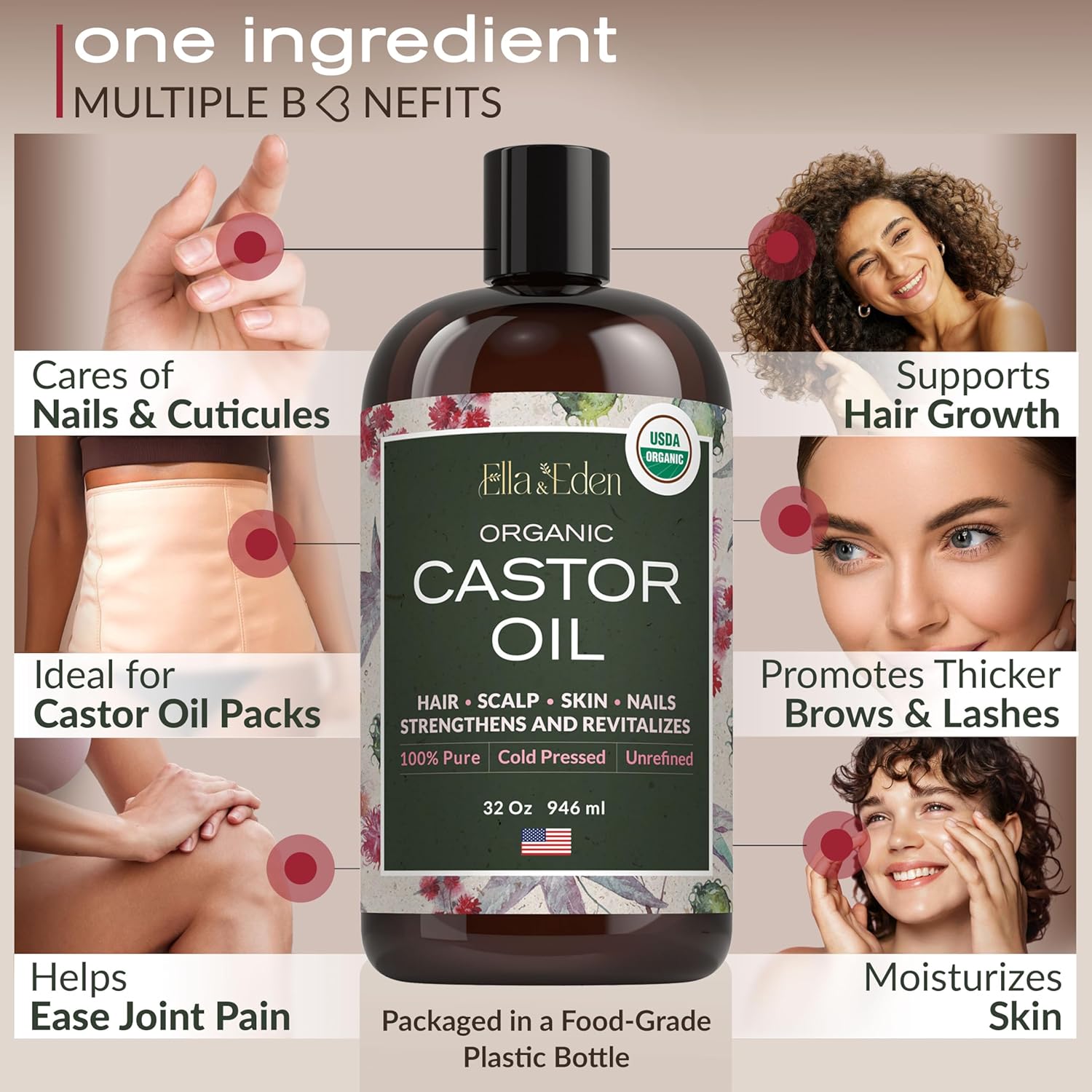 Ella & Eden Organic Castor Oil, Cold-Pressed Hexane-Free, 32 fl oz | USDA Certified, 100% Pure, Unrefined, For Hair Growth, Skin and Face