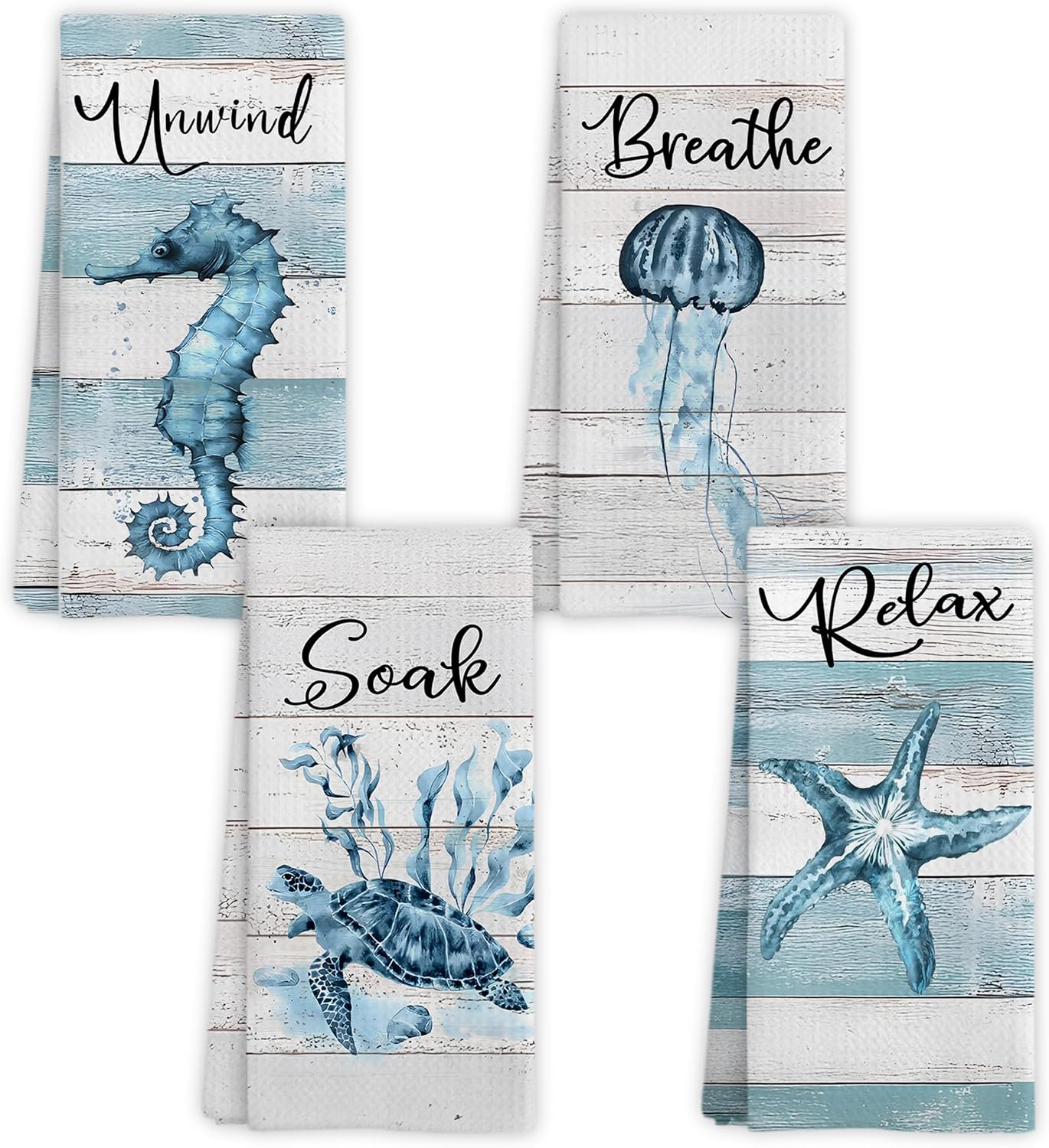 Rustic Coastal Beach Hand Towels, Sea Horse Jellyfish Turtle Starfish Unwind Breathe Relax Soak Decorative Hand Towels for Bathroom Washroom Restroom Spa Room, 16x24 Inch Set of 4