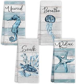 Rustic Coastal Beach Hand Towels, Sea Horse Jellyfish Turtle Starfish Unwind Breathe Relax Soak Decorative Hand Towels for Bathroom Washroom Restroom Spa Room, 16x24 Inch Set of 4