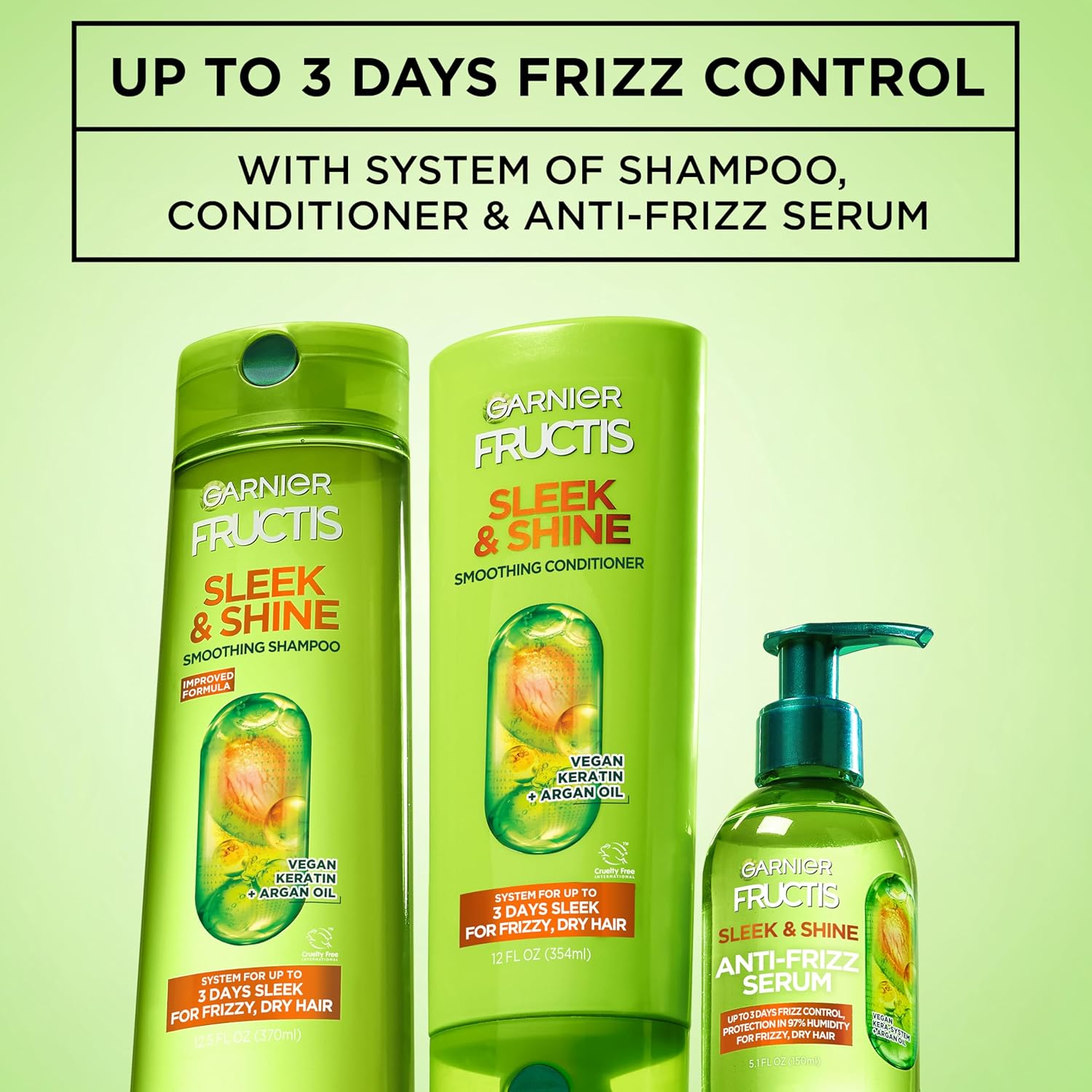 Garnier Fructis Sleek & Shine Anti-Frizz Serum, Leave-In Hair Treatment with Vegan Kera System + Argan Oil, Up to 72HR Frizz Control and Humidity Protection, For Frizzy, Dry Hair, 5.1 Fl Oz