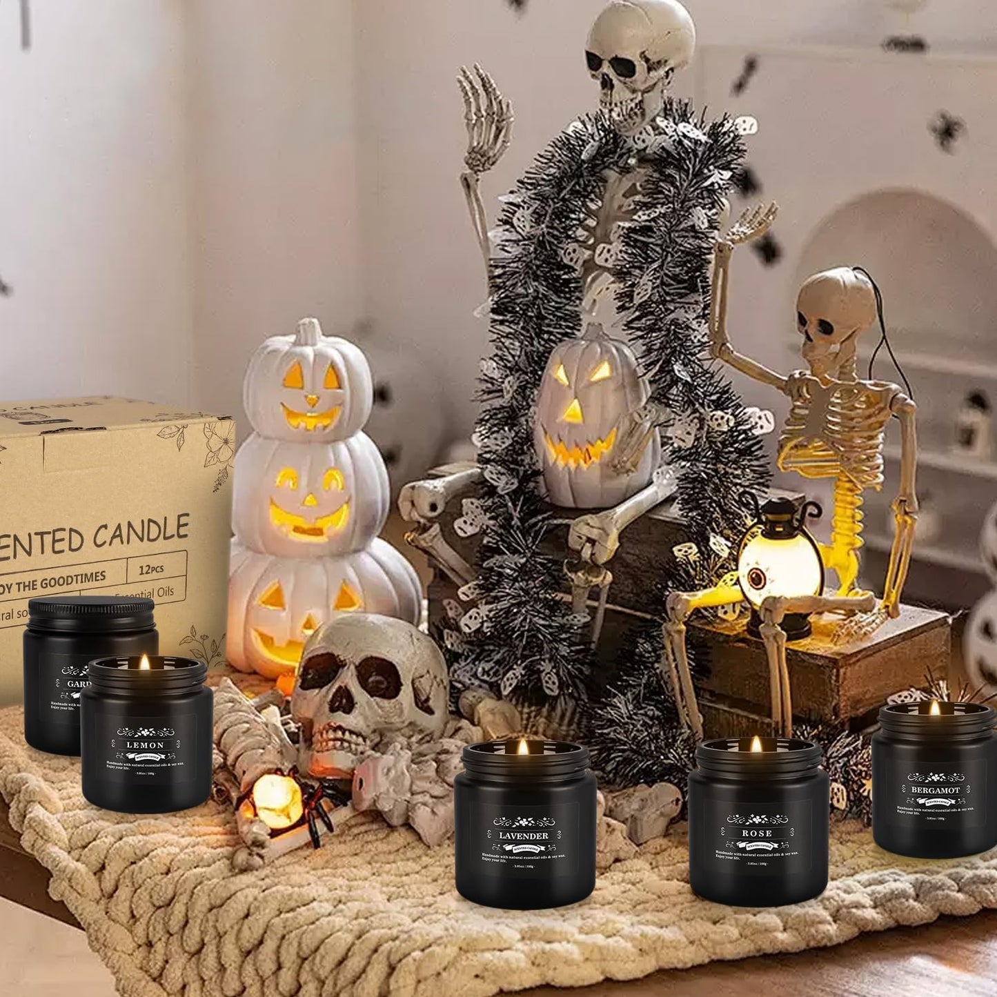 WPONSZU 12 Pcs Halloween Scented Candles with Added Natural Essential Oils, 3.05oz, Suitable for Various Festivals, Parties, Yoga, and Home Scene(Black)