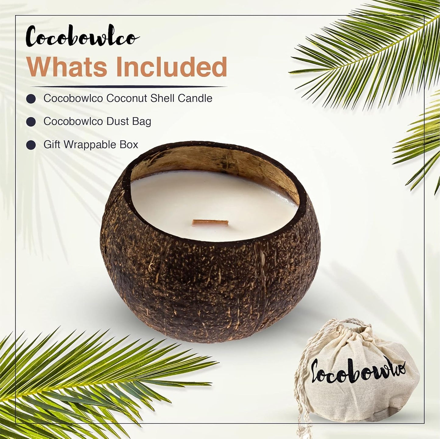 Soy Coconut Candle - Vanilla Scent, Wood Wick, Real Coconut Shell, Eco-Friendly, 45+ Hours Burn Time