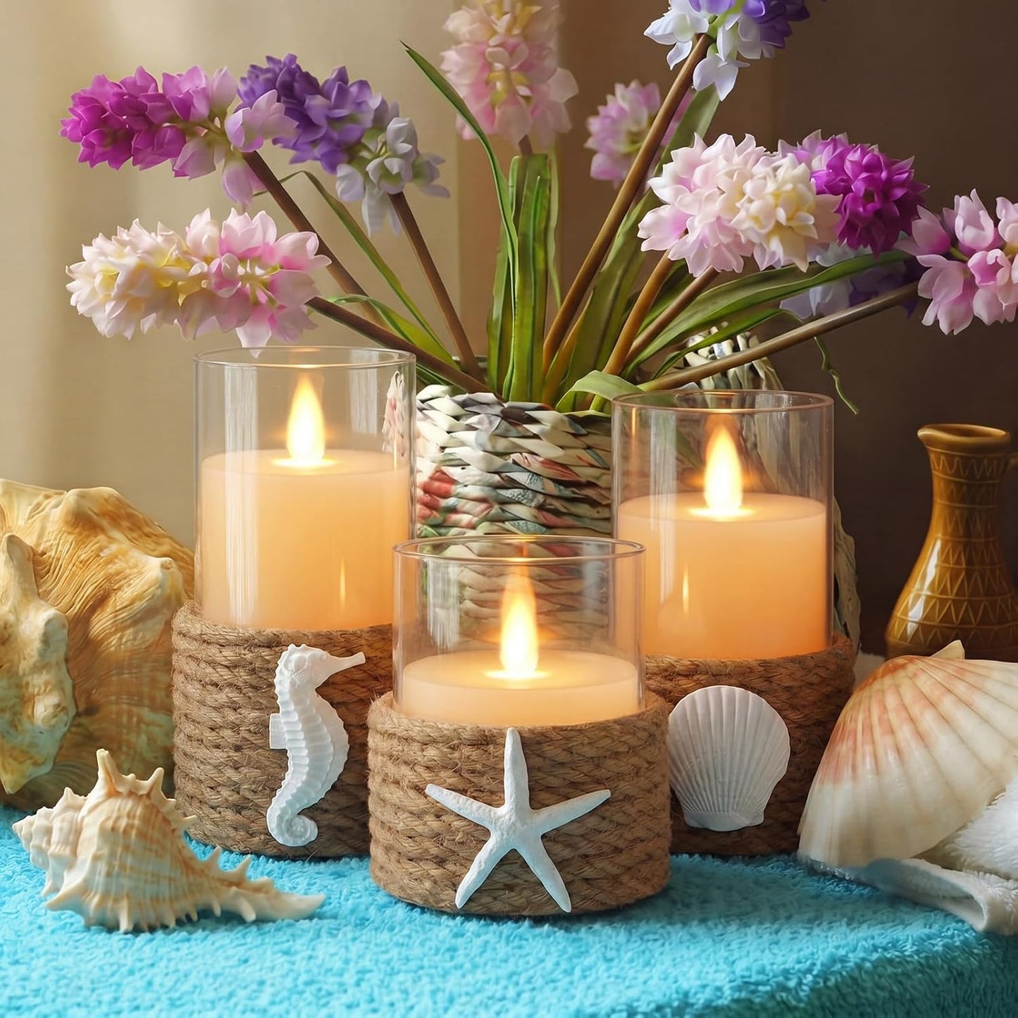 Baquler 3 Pcs Beach Starfish Flameless Plastic LED Battery Candle with Rope Farmhouse Nautical Gradient Candle Seashell Seahorse Decorative Candlestick for Coastal Wedding Party Table Centerpieces