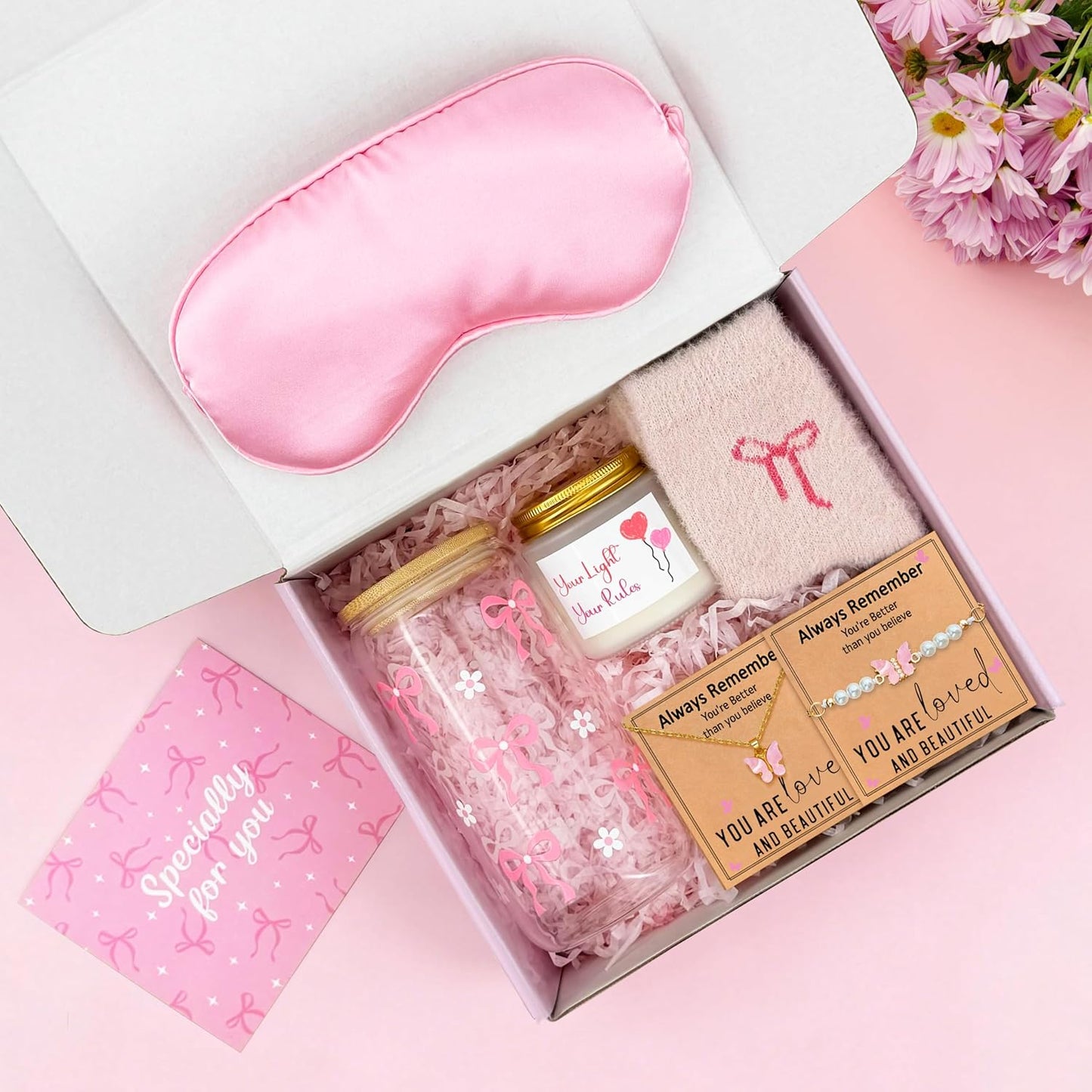 Pink Gifts for Women - 8PCS Pink Bow Gift Set for Her - Coquette Birthday Basket for Friends - Aesthetic Bow Accessories Set for Valentine's Day - Girly Stuff for Galentines