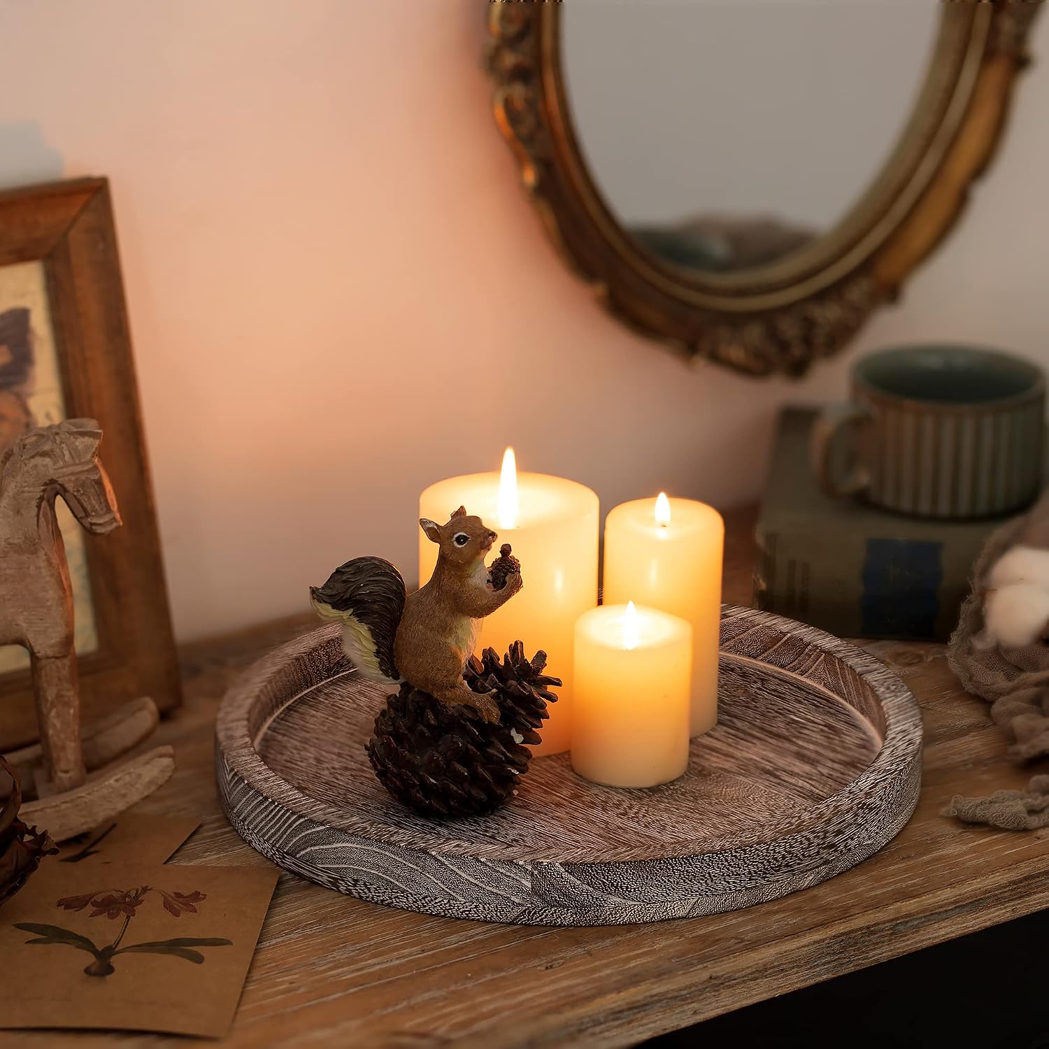 Hanobe Wood Candle Holders Trays: Round Candlestick Holder Pillar Stand for Table Centerpiece - Farmhouse Coffee Table Decor for Living Room Kitchen Counter, Rustic White