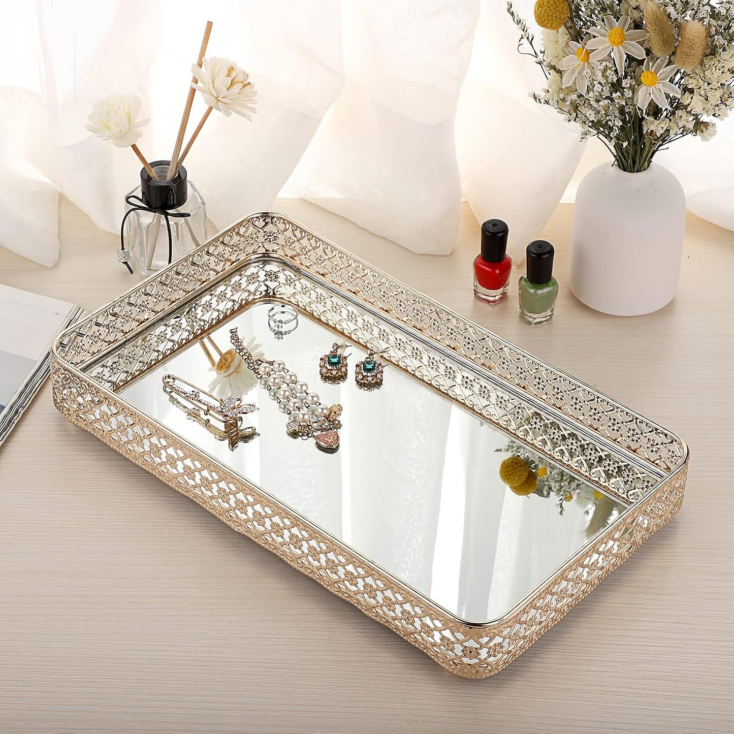 ELLDOO Gold Perfume & Makeup Vanity Tray - Hollow-Carved Jewelry Storage, Glass & Metal Trinket Organizer for Dresser & Bathroom Countertop, Large Size
