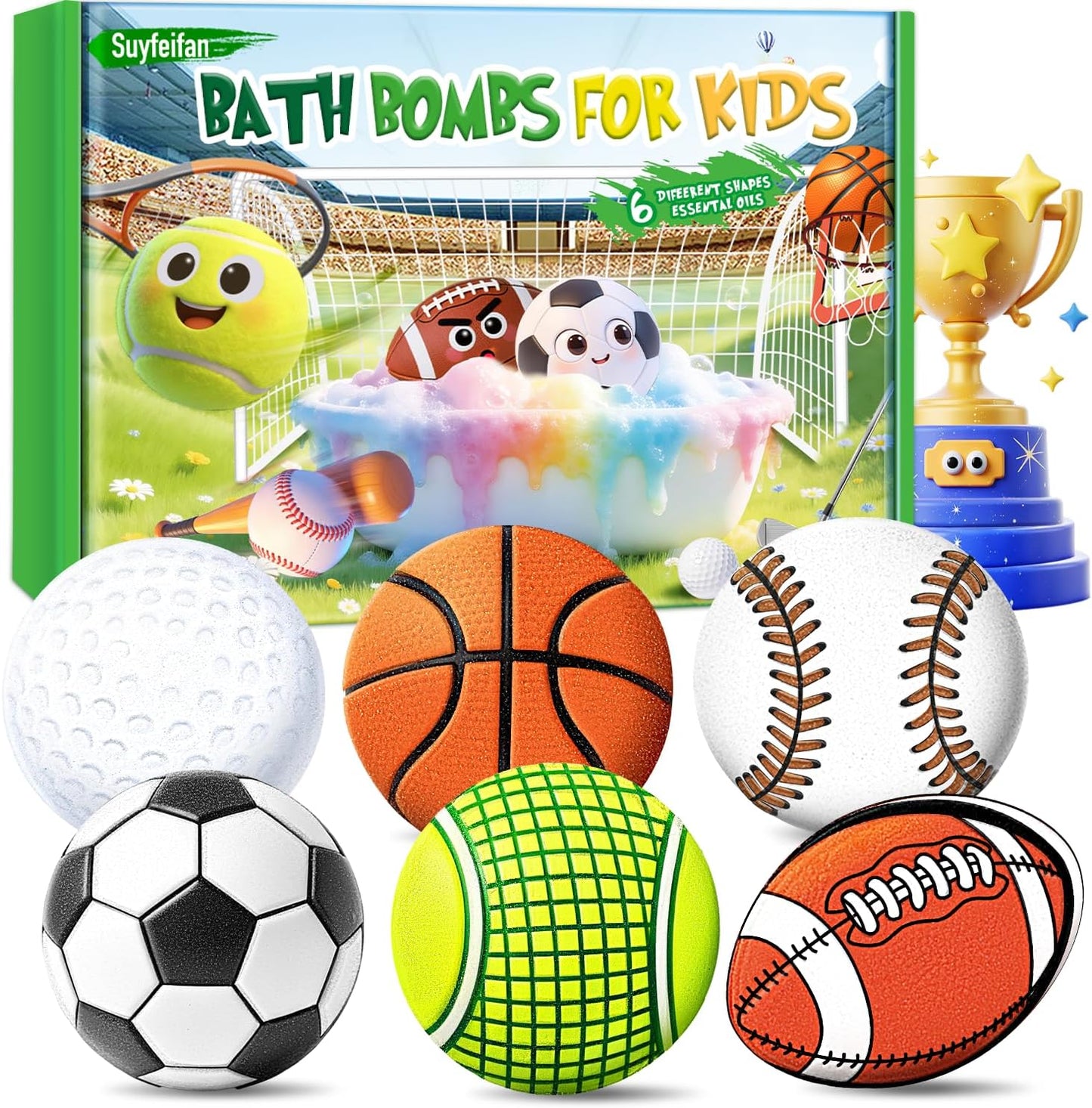 Bath Bombs for Kids, STEM 6-Pack Organic Handmade Bath Bomb Sports Themed, Basketball, Football, Rugby, Golf, Tennis Shapes, Mild Skin-Friendly SPA Toy, Nice Daily Reward and Holiday Gifts