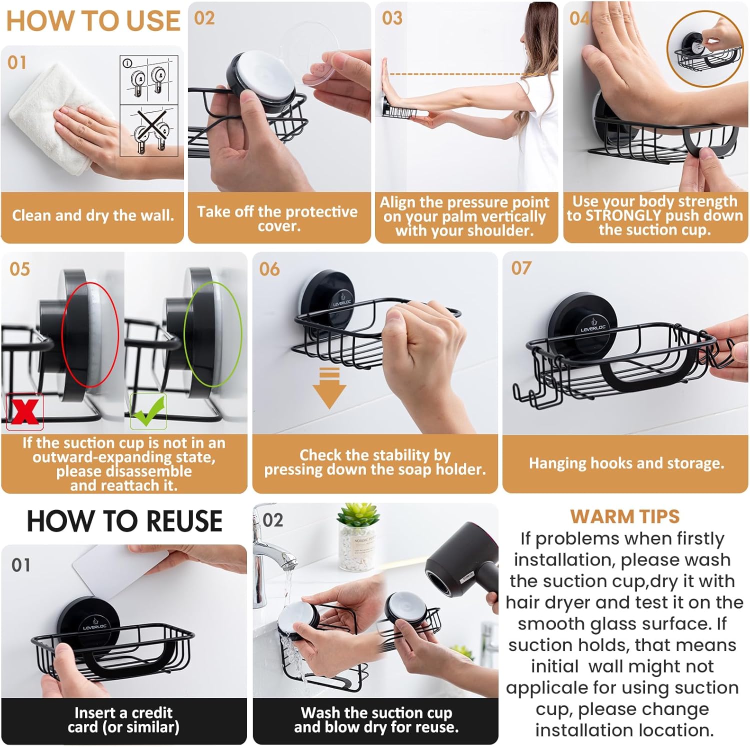 LEVERLOC Soap Holder Shower with Hooks, Bar Suction Cup Soap Dish Tray for Wall, Rust-Proof Stainless Steel Sponge Caddy for Bathroom Accessories Organizer Bathtub Kitchen Sink, Black