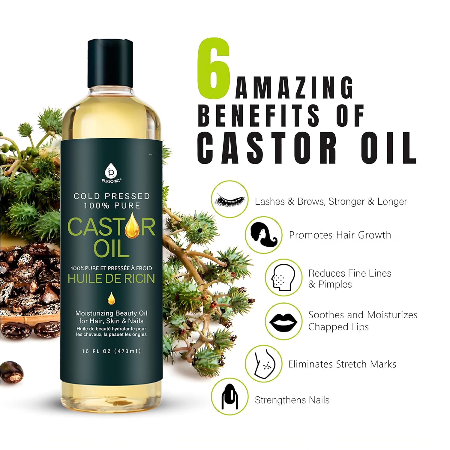 Pursonic Castor Oil (16oz) Cold-Pressed, 100% Pure, Hexane-Free Castor Oil-Moisturizing & Healing, For Dry Skin, Hair Growth - For Skin, Hair Care, Eyelashes