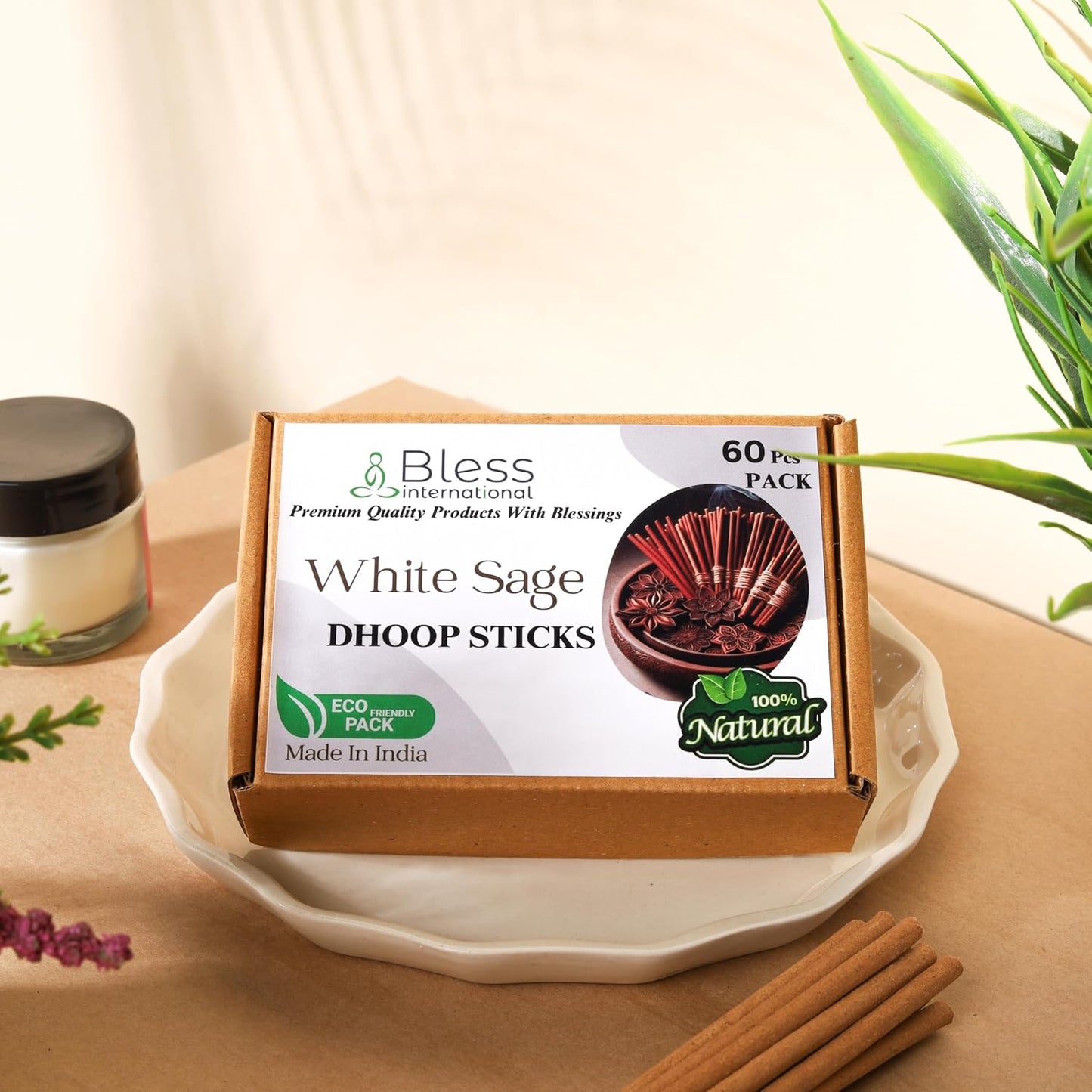 Bless-International White-Sage-100%-Natural-Incense-Bambooless-Dhoop-Sticks Handmade-Organic-Chemicals-Free for-Purification-Relaxation-Positivity-Yoga-Meditation The-Best-scents-4.5-Inches-60-Sticks