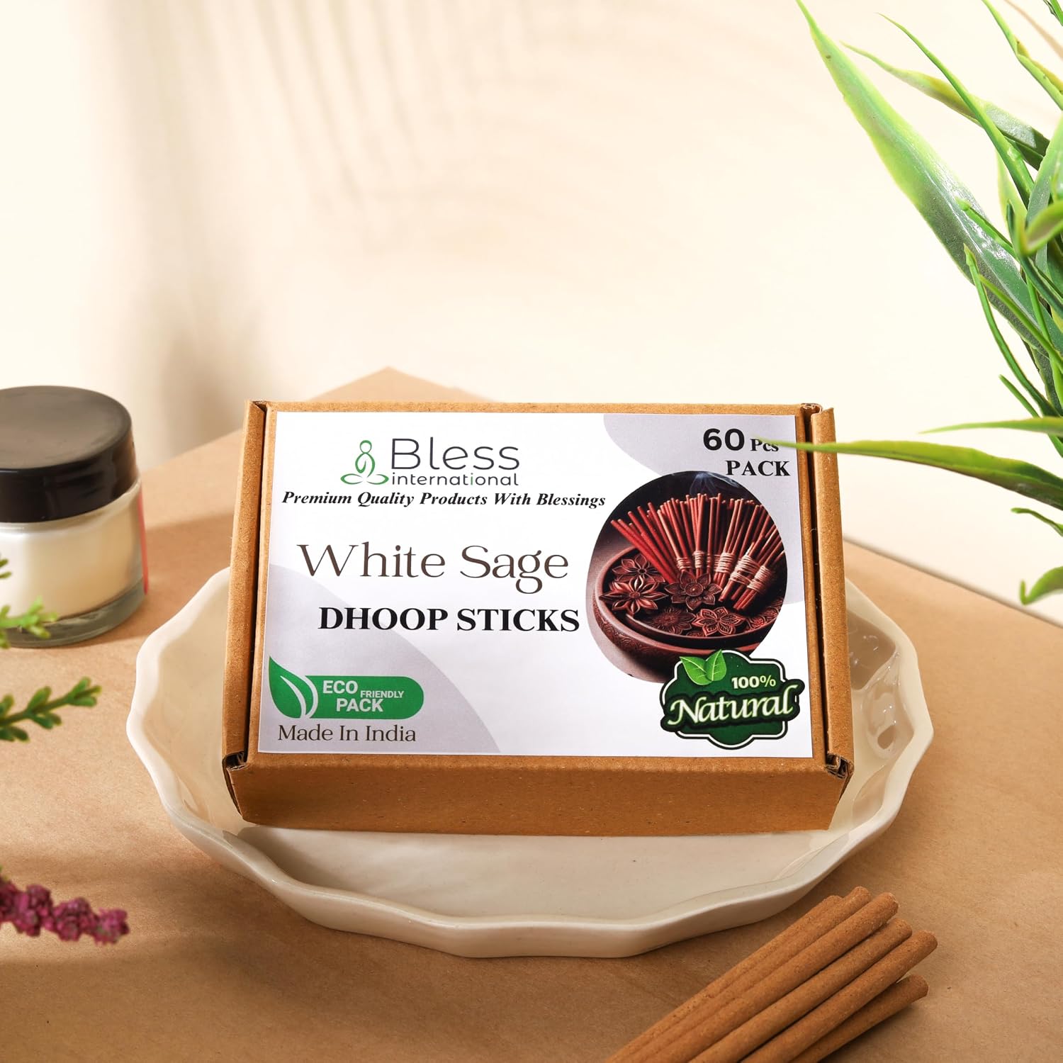 Bless-International White-Sage-100%-Natural-Incense-Bambooless-Dhoop-Sticks Handmade-Organic-Chemicals-Free for-Purification-Relaxation-Positivity-Yoga-Meditation The-Best-scents-4.5-Inches-60-Sticks
