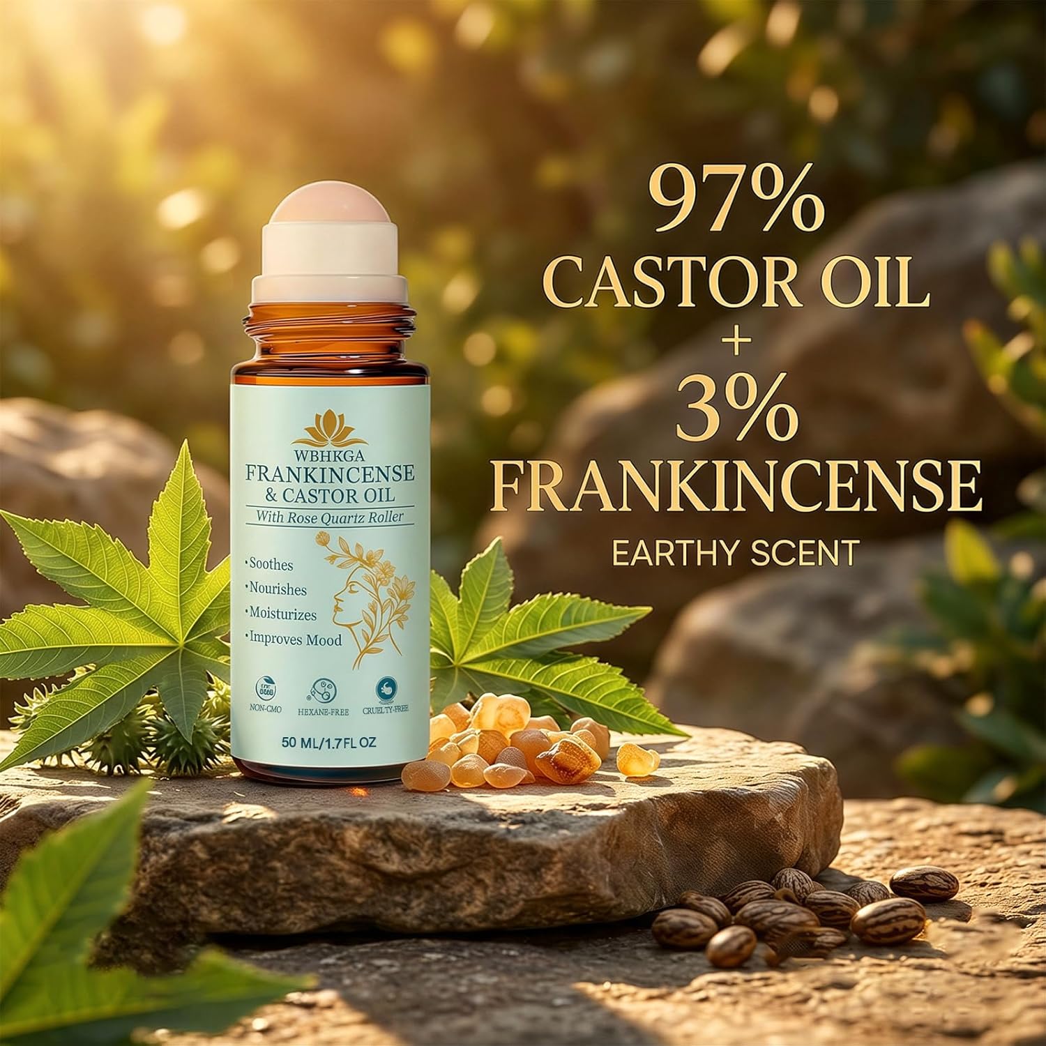 Castor Oil & Frankincense Roll On - Real Red Rose Quartz Eye Roller (Not Plastic) - Pure Cold Pressed Face Serum for Dark Circles, Fine Lines, Wrinkles & Puffiness (50ml / 1.7 fl.oz (1 Pack))
