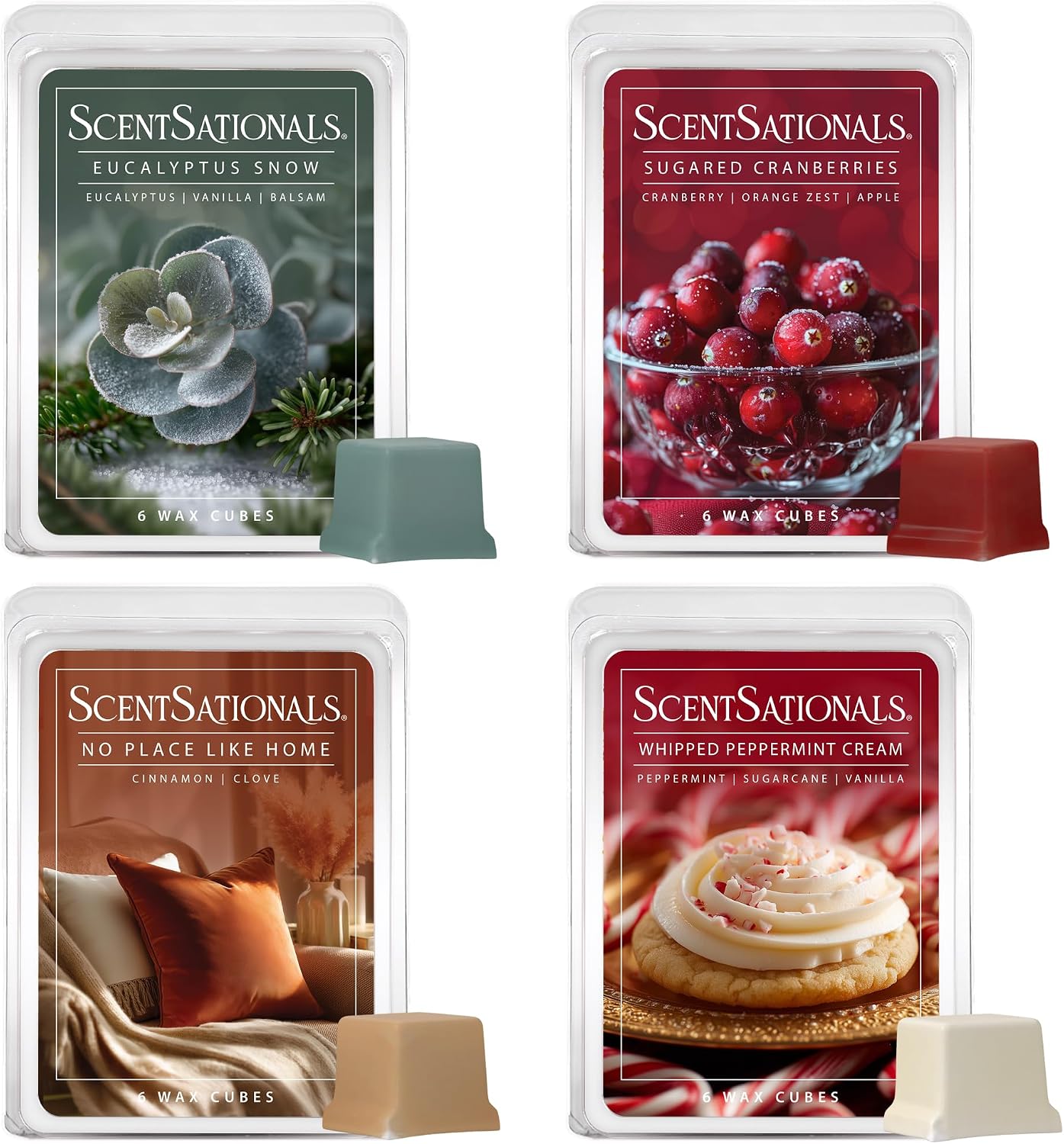 Scentsationals Christmas Wax Melts Happy Holidays 4pk – Long Lasting, Strong Scent, Includes Eucalyptus Snow, Frosted Cranberry, No Place Like Home, & Whipped Peppermint Cream, 10oz (24 Cubes)