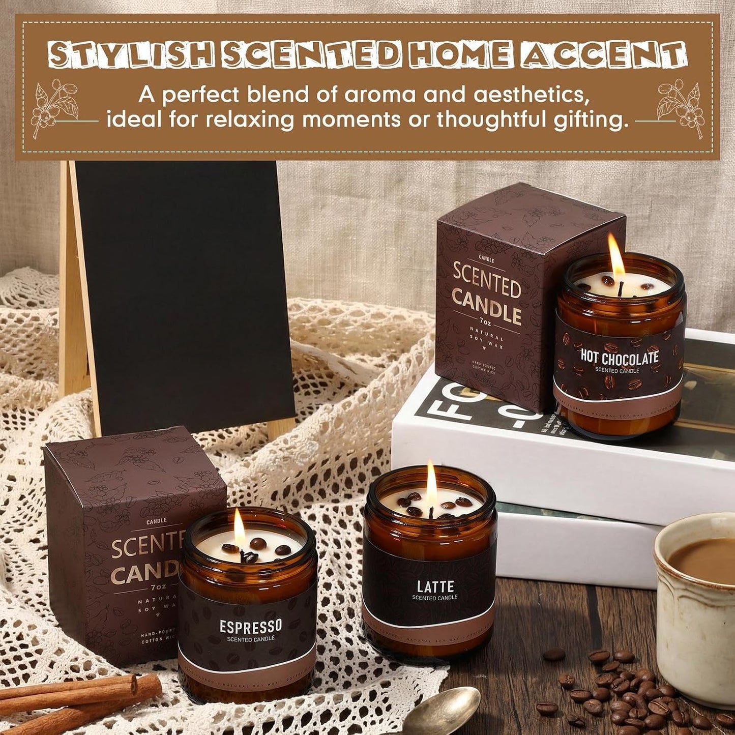 Fullhawl 3 Pack Coffee Scented Candles Gifts Set 7oz Soy Wax Espresso Latte Hot Cocoa Scents Jar Candles with Gift Boxes Long-Lasting Scents for Coffee Lovers Women and Men Home Fragrance Decoration