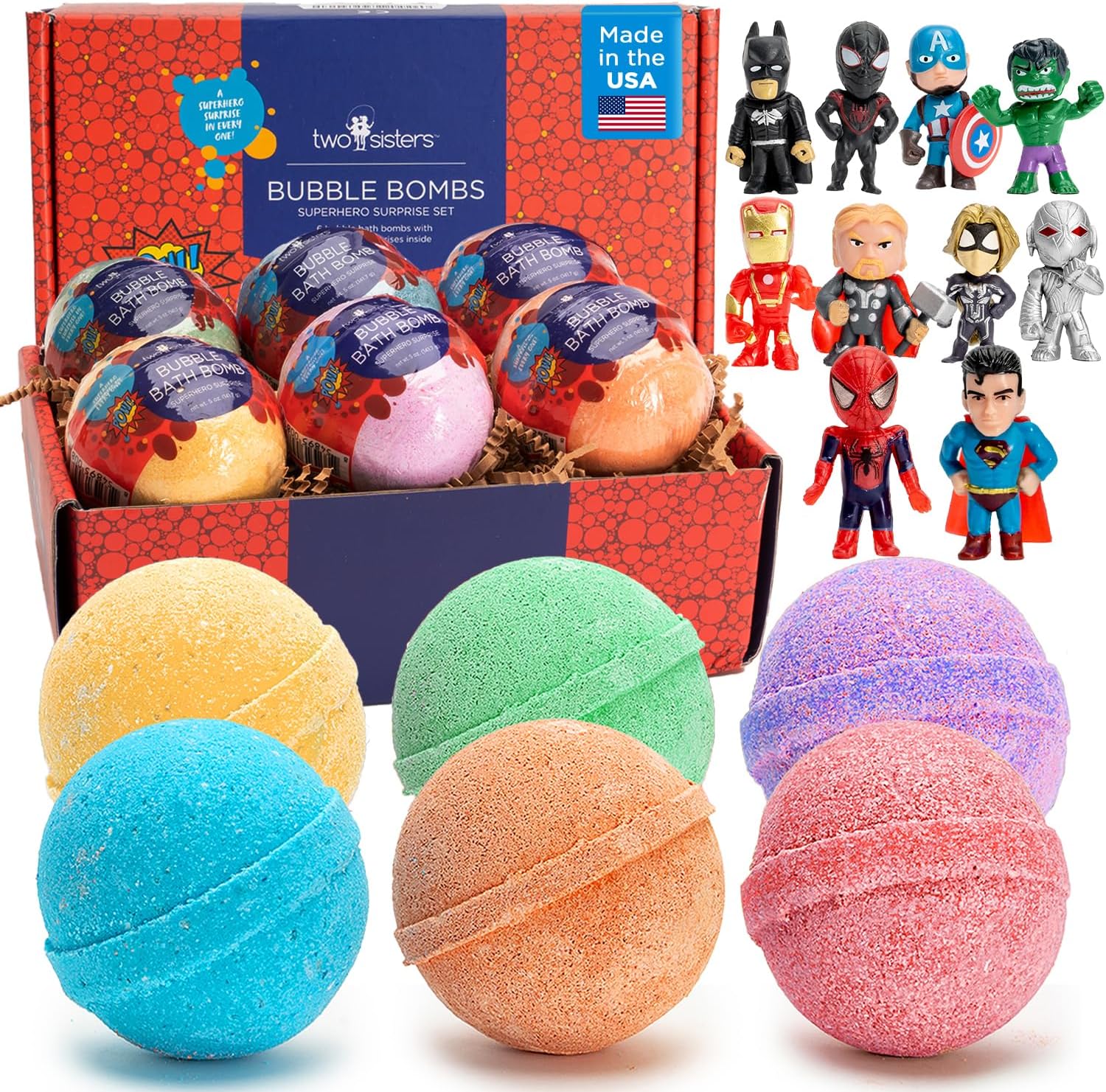 Superhero Bath Bombs for Kids with Surprise Toys Inside (6 Pack) - Large Bubble Bomb Fizzies for Boys, Girls, & Toddlers - Birthday Gift for Kids - Fruity Scent, USA Made by Two Sisters