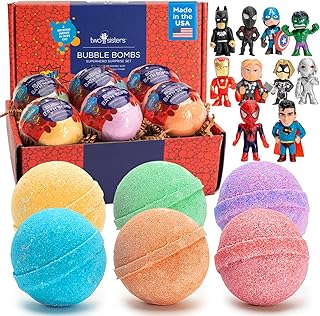 Superhero Bath Bombs for Kids with Surprise Toys Inside (6 Pack) - Large Bubble Bomb Fizzies for Boys, Girls, & Toddlers - Birthday Gift for Kids - Fruity Scent, USA Made by Two Sisters