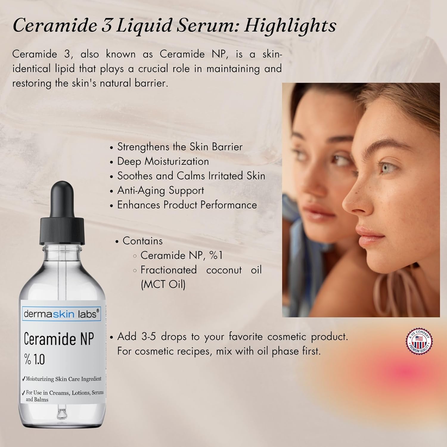 Ceramide NP with Fractionated Coconut Oil, Cosmetic Grade Skin Barrier Support Ingredient for Creams Lotions Serums Balms Facial Oils Moisturizers and DIY Skin Care Formulation