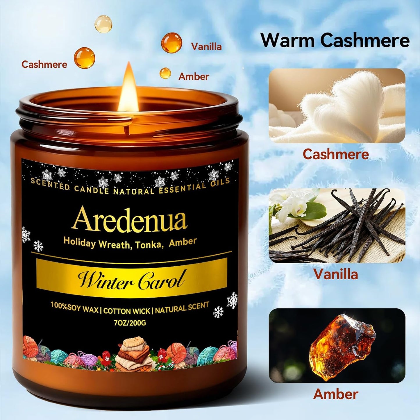 Warm Cashmere Scented Candle – Warm Luxe Cashmere & Soft Vanilla Notes, Cozy Clean Scent, Natural Soy Wax Candles, Long Lasting Candle for Home & Relaxation - 7oz Aromatherapy Candles