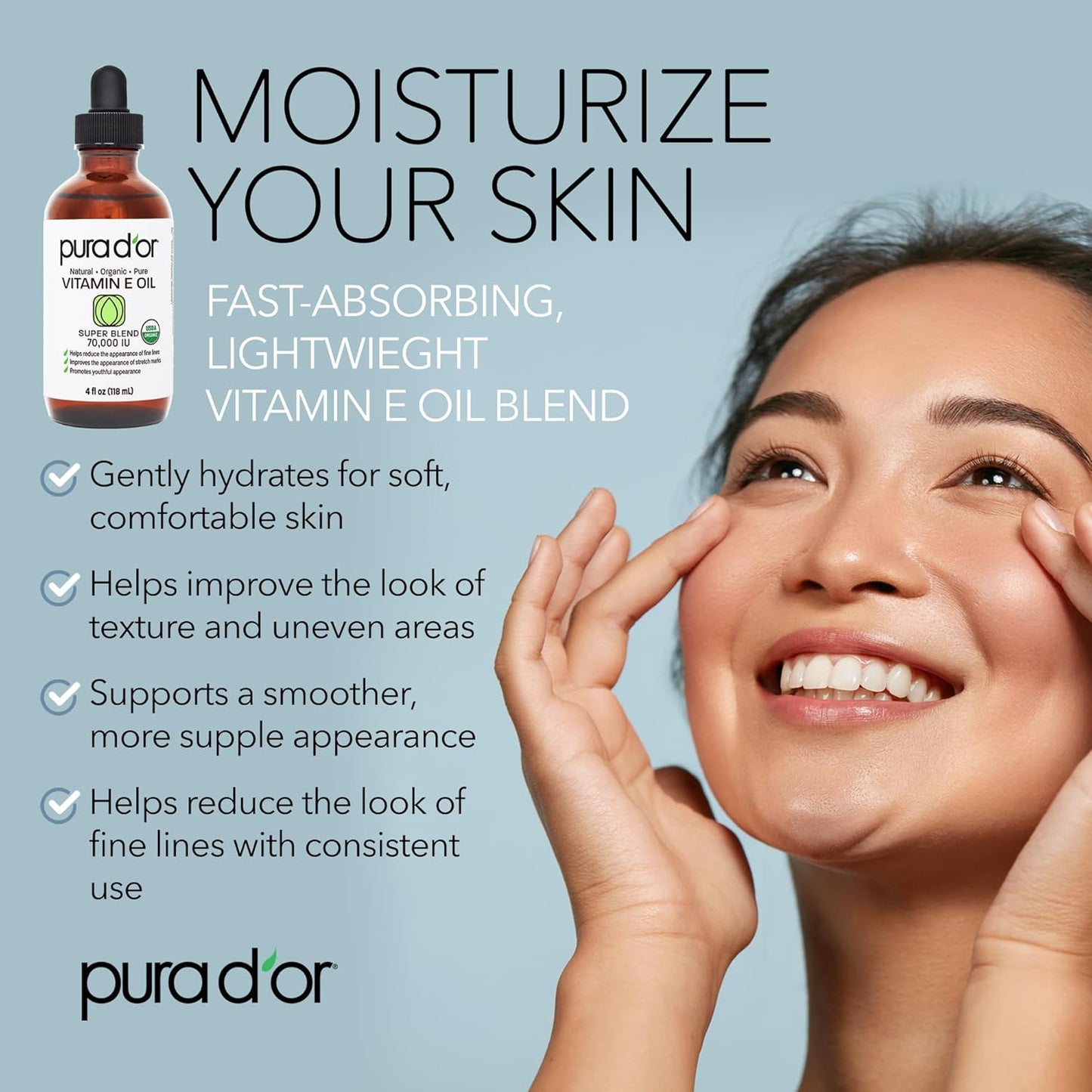 PURA D'OR 4 Oz Organic Vitamin E Oil 70,000 IU, USDA Certified Ayurvedic Skin Care, Face, Body w/Argan, Jojoba, Rosehip, Apricot, Almond & Avocado, Lightweight Moisturizer for Soft, Smooth Skin