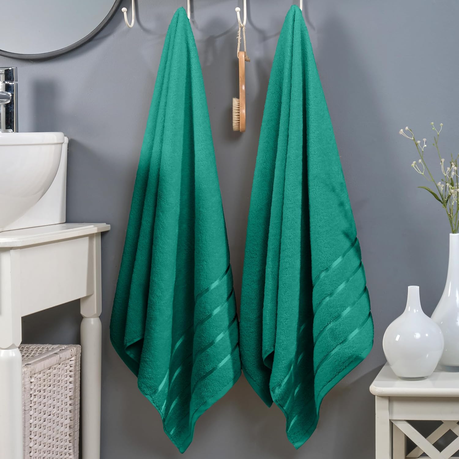 Elegant Comfort 100% Turkish Cotton 4 Lines Viscose Stripe Luxury 2 Pack Bath Towel Set 27 x 54 Inch - Super Soft and Highly Absorbent Premium Hotel Spa Quality Towels for Bathroom Use, Turquoise