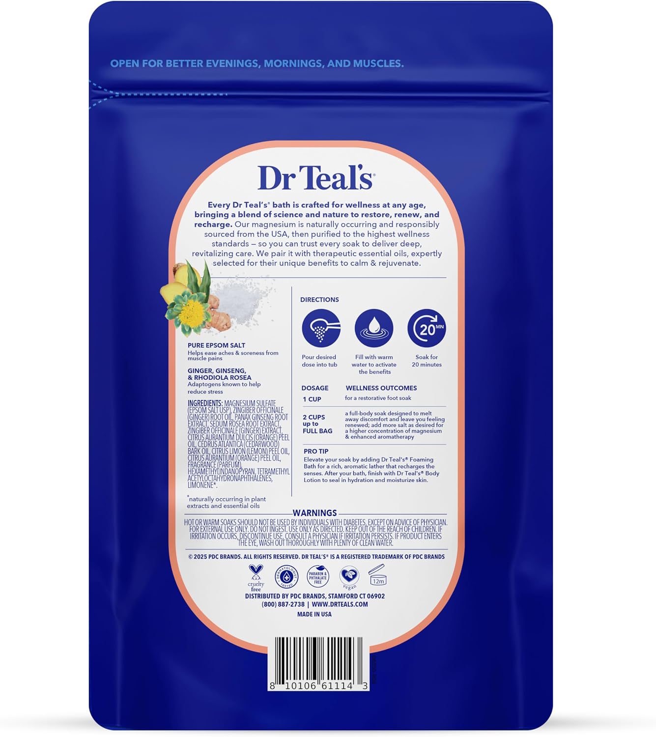 Dr Teal's Epsom Salt Magnesium Soak, Salt Stress Relief with Ginseng & Ginger Essential Oils, 3 lbs (Pack of 4)