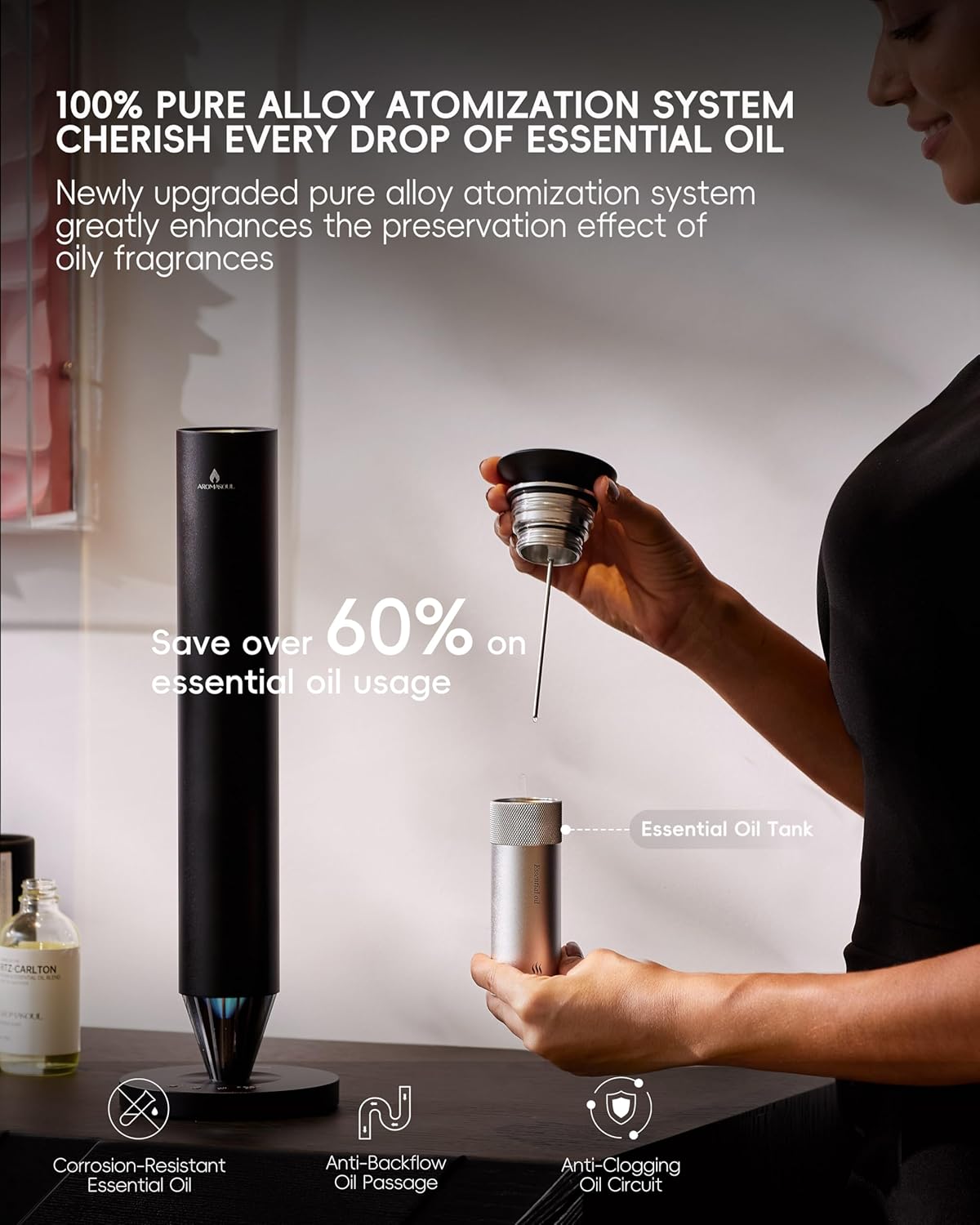 Wireless Rechargeable Hotel Scent Diffuser Starter Kit - 1500 Sq Ft Coverage, Alloy Atomization System,Mood Light,Waterless Oil Diffuser, Including 120ml Essential Oil, for Home,Large Room,Spa,Black