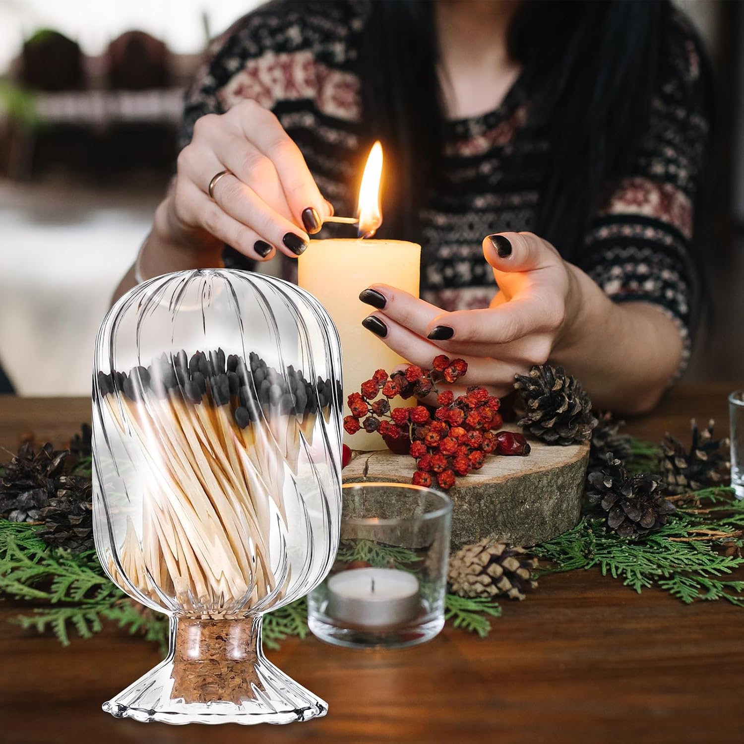 Glass Match Holder Jar with Striker, Decorative Glass Container for Matches for Bathroom Fireplace and Home Display (Helix Shaped)