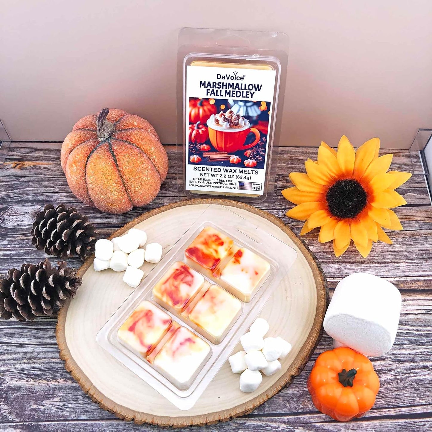 DaVoice Fall Wax Melts Wax Cubes Soy Wax Blend Melt - Pumpkin Wax Melts Vanilla Wax Melts Fall Scents Long Lasting - Fall Scented Wax Melts (Marshmallow Fall Medley, 2.2 oz, 6 Cubes)