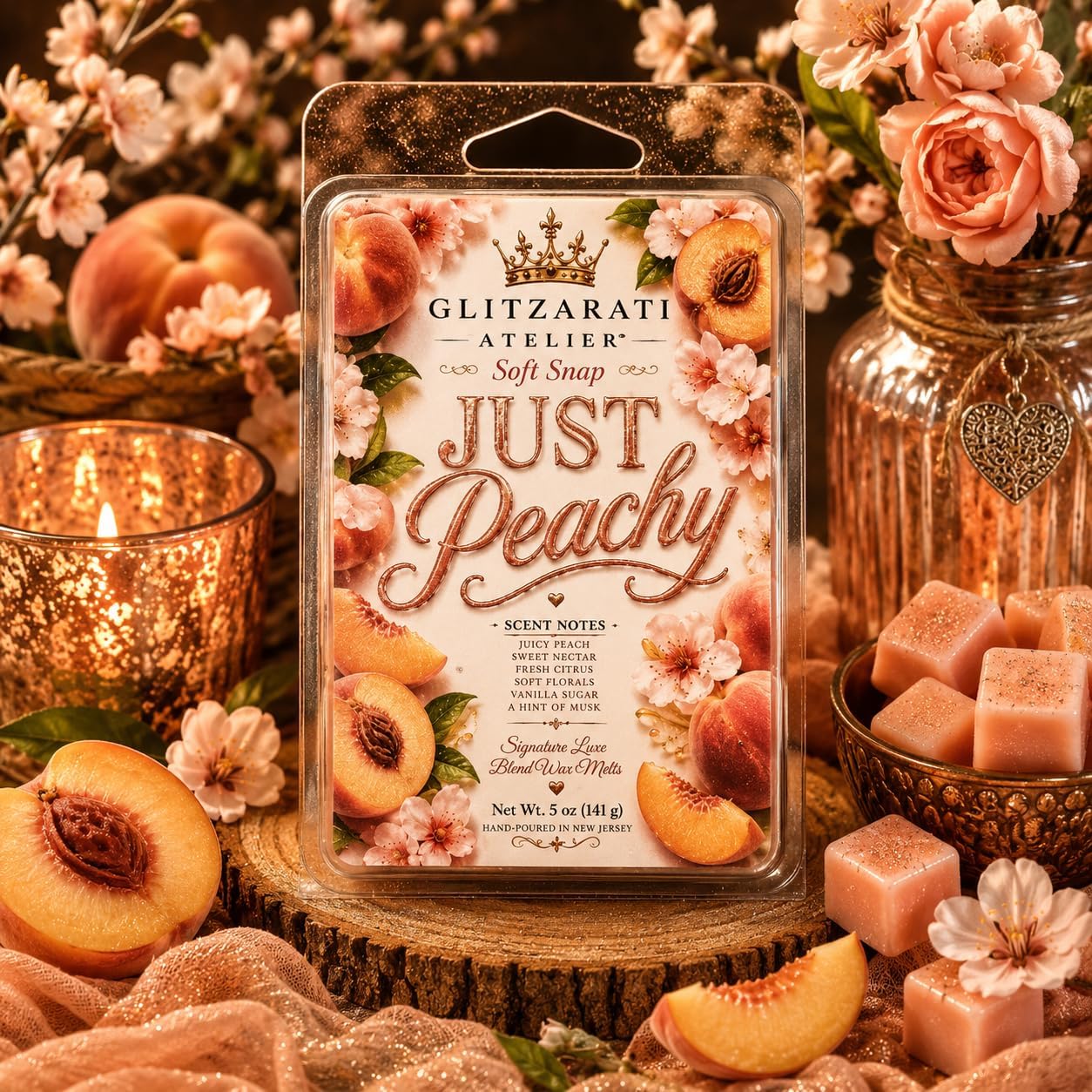 Just Peachy | Signature Luxe Blend Wax Melt | Ripe Peach, Warm Cinnamon & Vanilla Sugar | 5 oz Clamshell | Glitzarati Atelier™