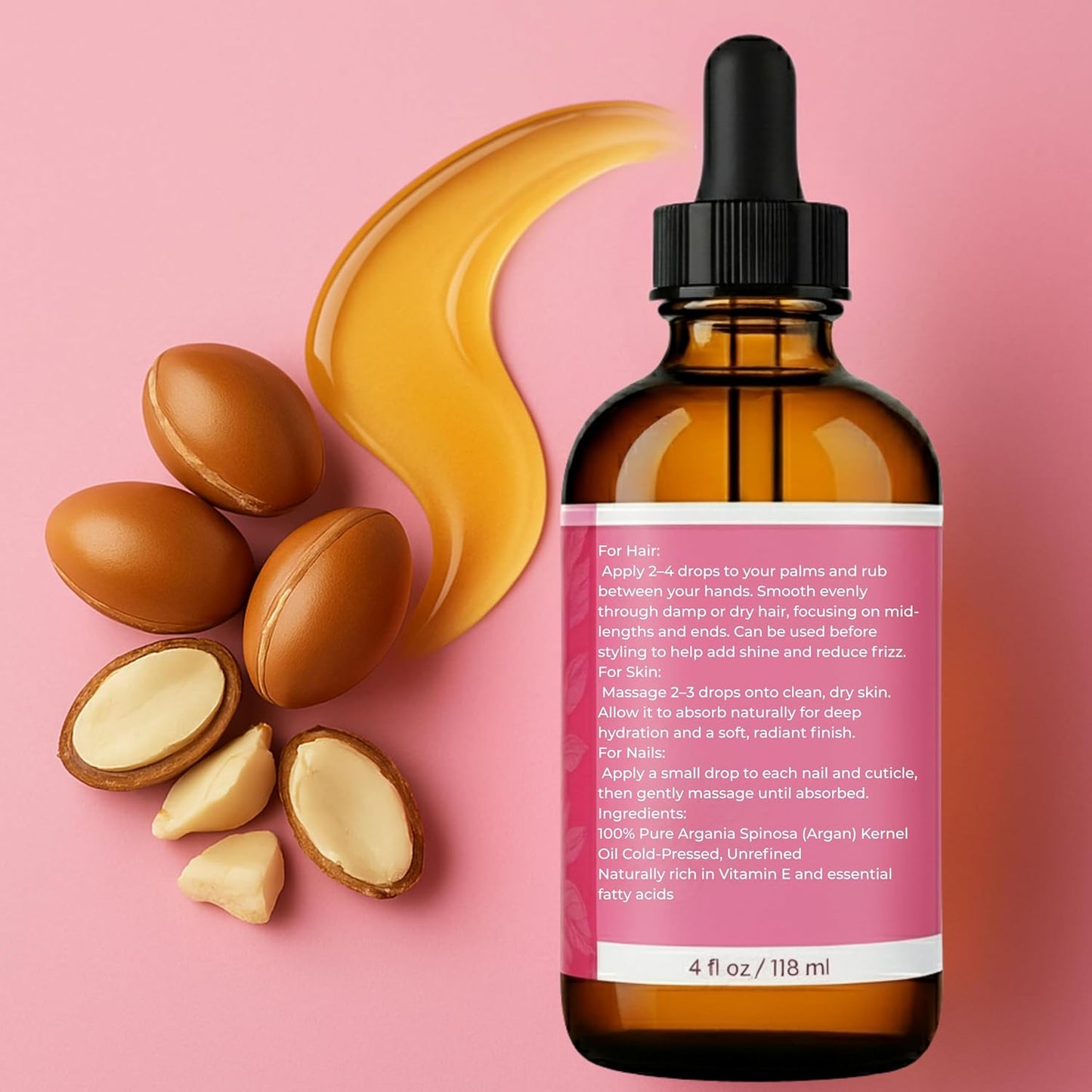 Leven Rose Organic Argan Oil for Hair, Face and Skin - 4 oz 100% Pure Moroccan Cold-Pressed Organic