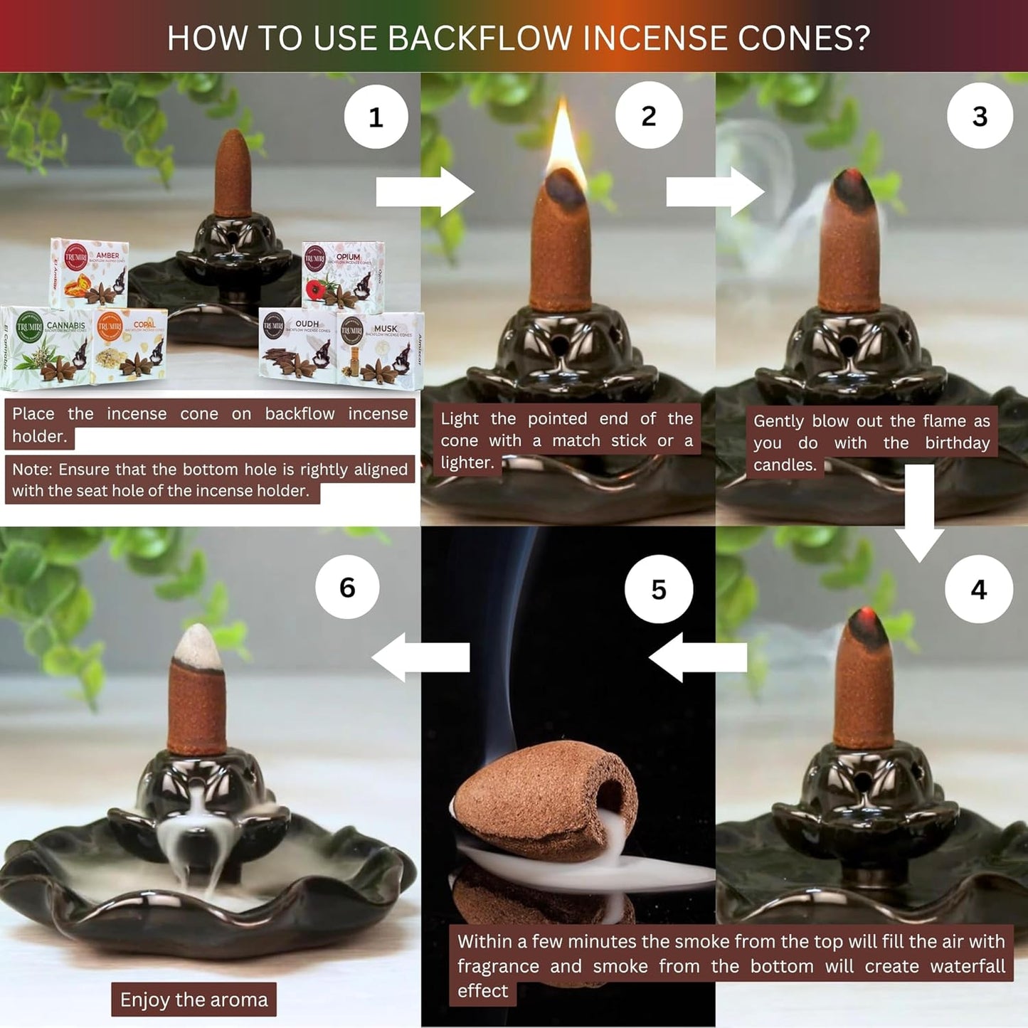 Exotic - Backflow Incense Cones for Waterfall - Scented Inscents-Cones - Copal, Amber, Musk, Oud - Insiensos Aromaticos - 6x10=60 Large Variety Pack