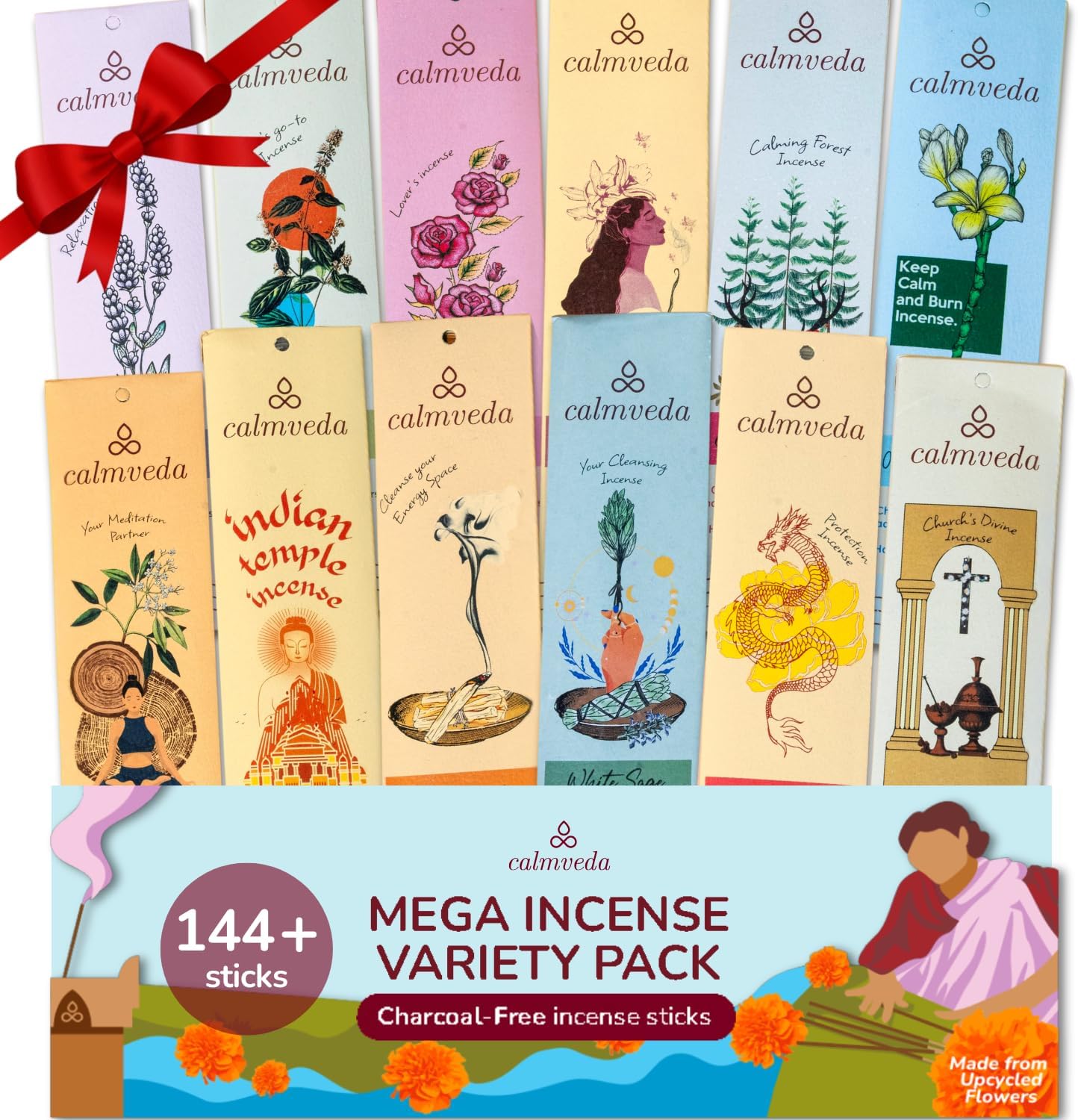 CALMVEDA Natural Incense Sticks Mega - Variety Pack (144 Insence-Sticks Bulk, 12 Aromas) Clean No Charcoal, Made from Upcycled Flowers | Organic Incense Stick Non Toxic (Slow Burn, Longlast)