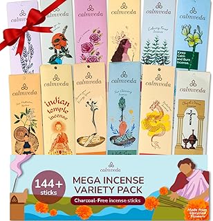 CALMVEDA Natural Incense Sticks Mega - Variety Pack (144 Insence-Sticks Bulk, 12 Aromas) Clean No Charcoal, Made from Upcycled Flowers | Organic Incense Stick Non Toxic (Slow Burn, Longlast)