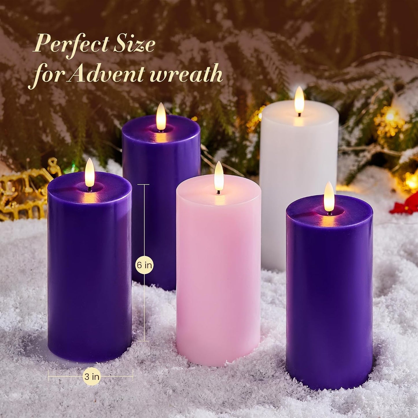Pillar Advent Candles Set of 5, Battery Operated Advent Candle Set with Remote and Timer, 3x6 Pink and Purple Pillar Candle Set, Flameless Advent Candles for Advent Wreath Pillar Candle Holder