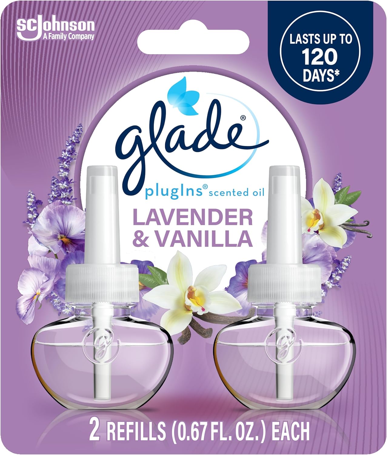 Glade PlugIns Refills Air Freshener, Scented and Essential Oils for Home and Bathroom, Lavender & Vanilla , 1.34 Fl Oz, 2 Count (Pack of 1)