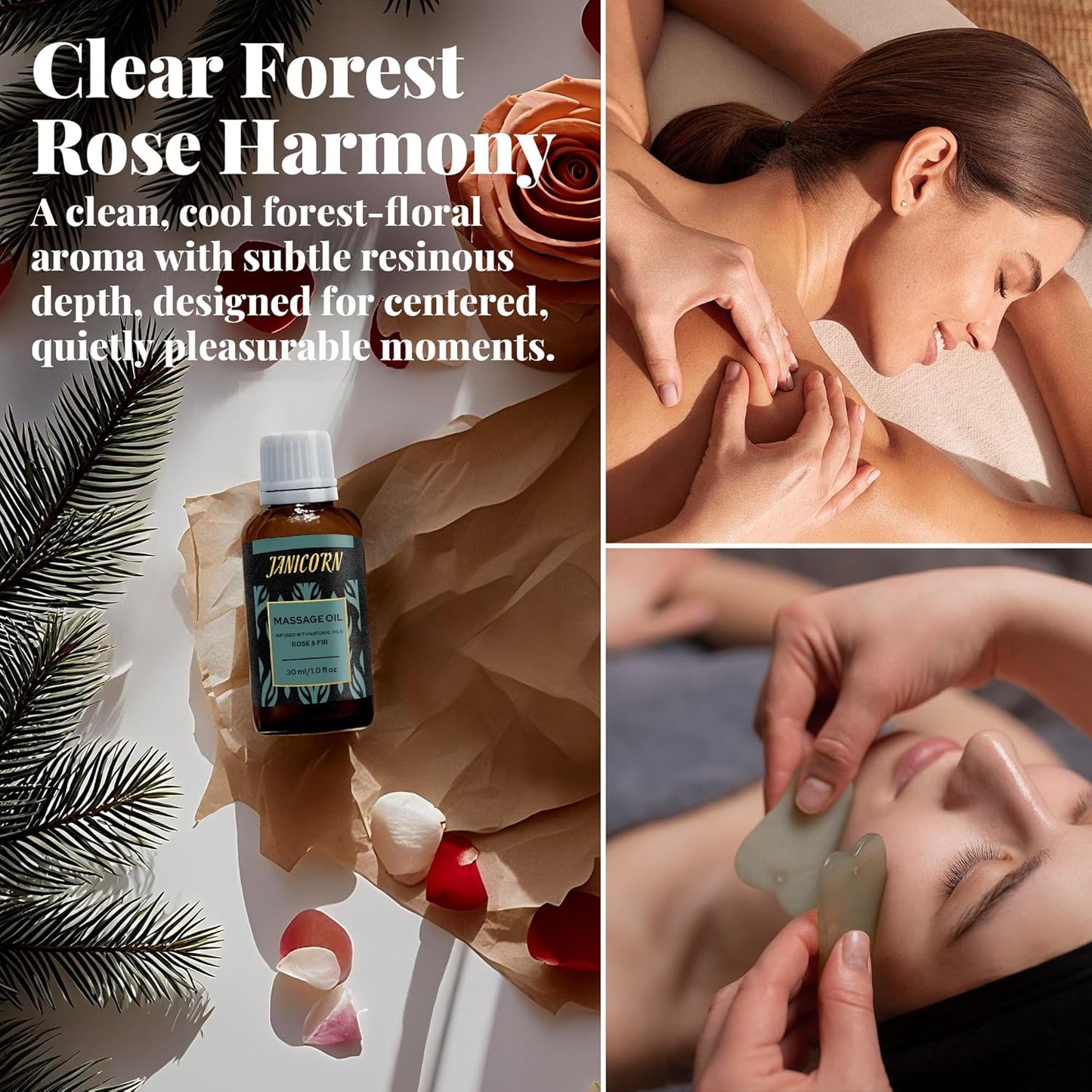 Forest Rose Aromatherapy Massage Oil – Essential Oil Blend with Jojoba & Sweet Almond Oils, Lightweight Texture for Skin & Body Massage, Clean Woody-Floral Aroma, 1 fl oz / 30 ml