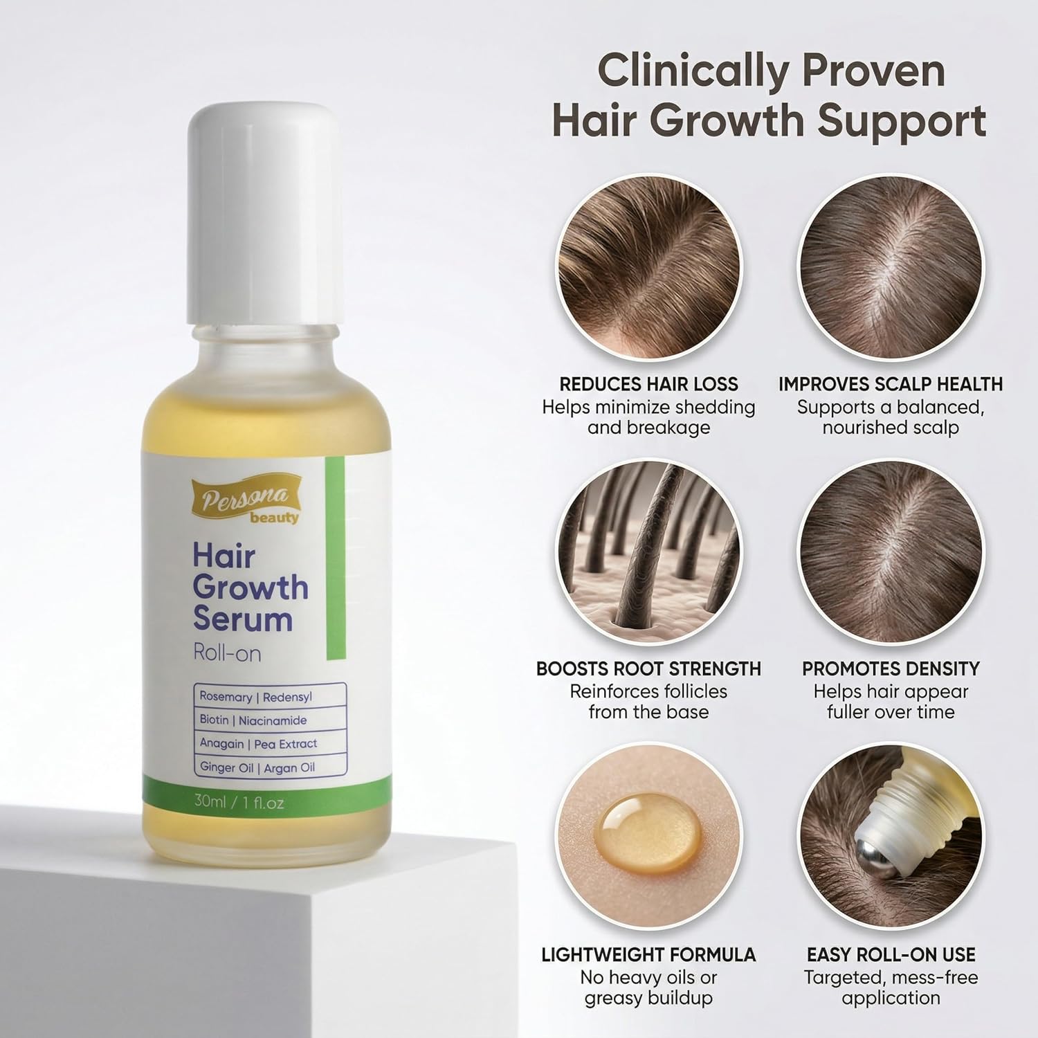 Hair Growth Serum Roll On, Scalp Roller Serum with Precision Applicator for Men and Women, Non-Greasy Formula, Supports Healthier Looking Hair, Targets Thin Edges, Bald Spots & Weak Roots 30ml