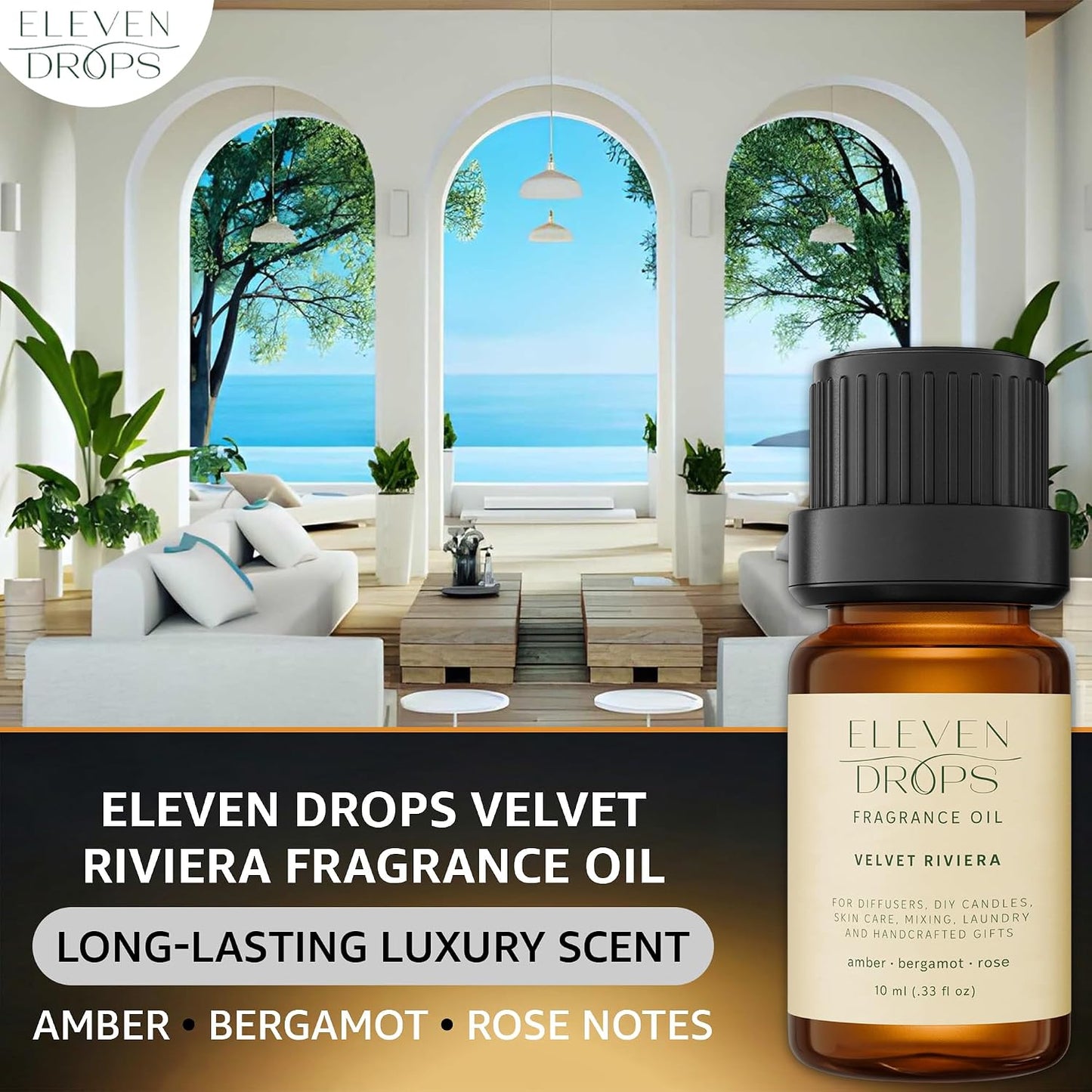 Velvet Riviera Fragrance Oil | Amber, Bergamot & Rose Notes | Long Lasting Scent Reed Diffuser Oil for Home, Office, Hotel, Spa, Car & Linen Spray | Pet Friendly IFRA Compliant, 10 ml
