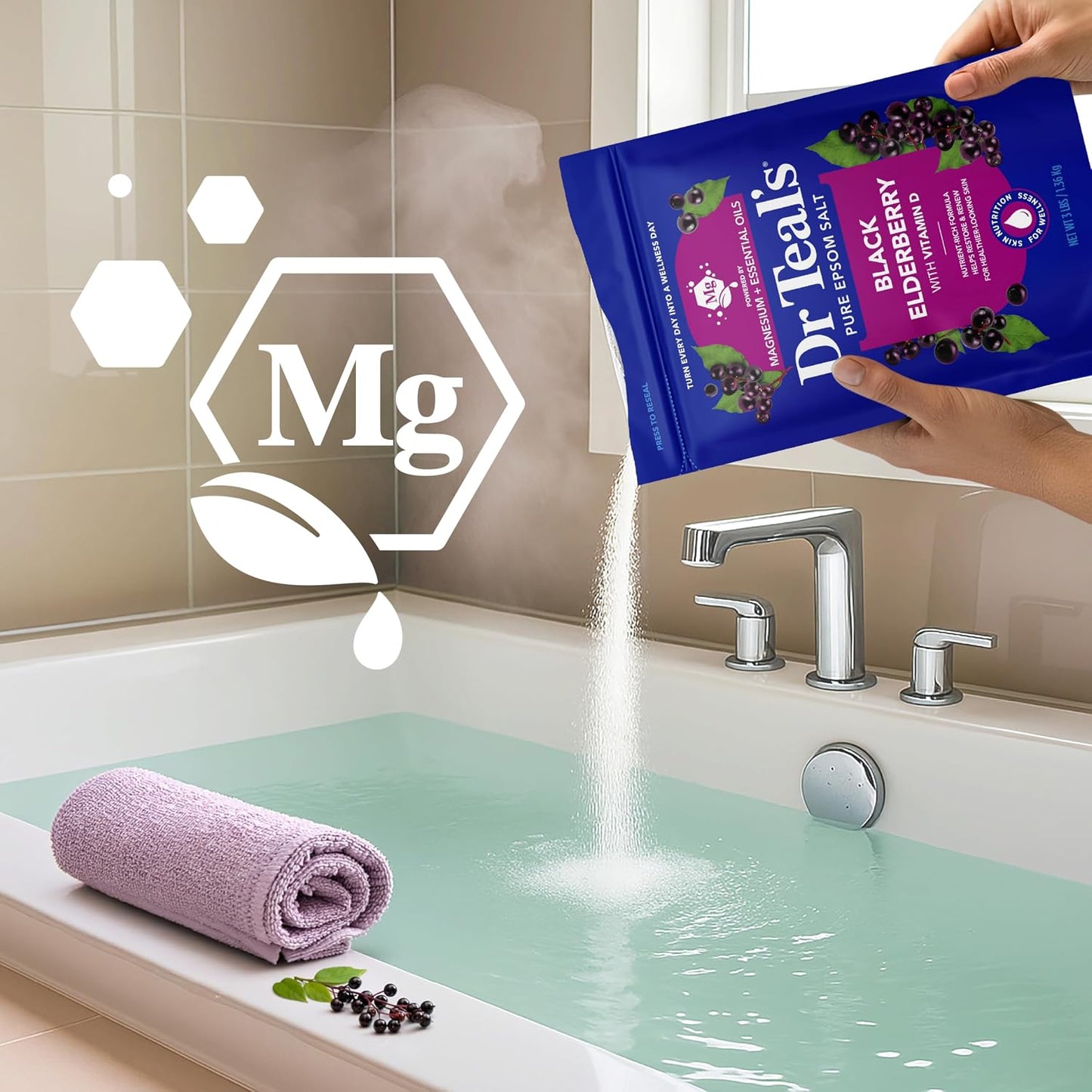 Dr Teal's Epsom Salt Magnesium Soak, Black Elderberry, 3 lbs | Vitamin D infused, Pack of 4