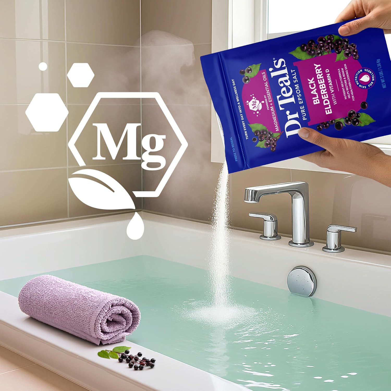 Dr Teal's Epsom Salt Magnesium Soak, Black Elderberry, 3 lbs | Vitamin D infused, Pack of 4