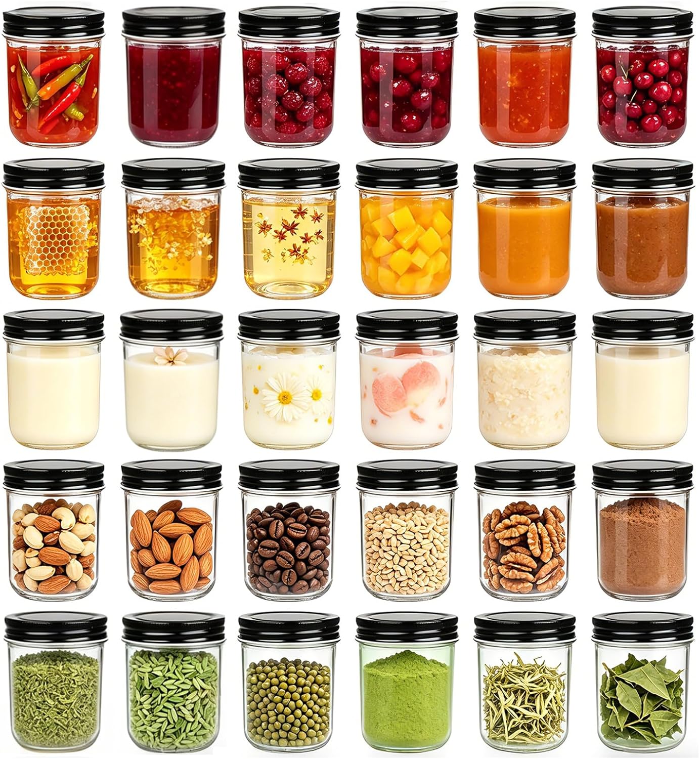 QAPPDA 6oz Glass Jars With Lids,Small Mason Jars Wide Mouth,Mini Canning Jars With Black Lids,Kitchen Storage Jars For Honey,Jam,Jelly,Baby Foods,Wedding Favor,Shower Favors,Spice Jars Set of 30