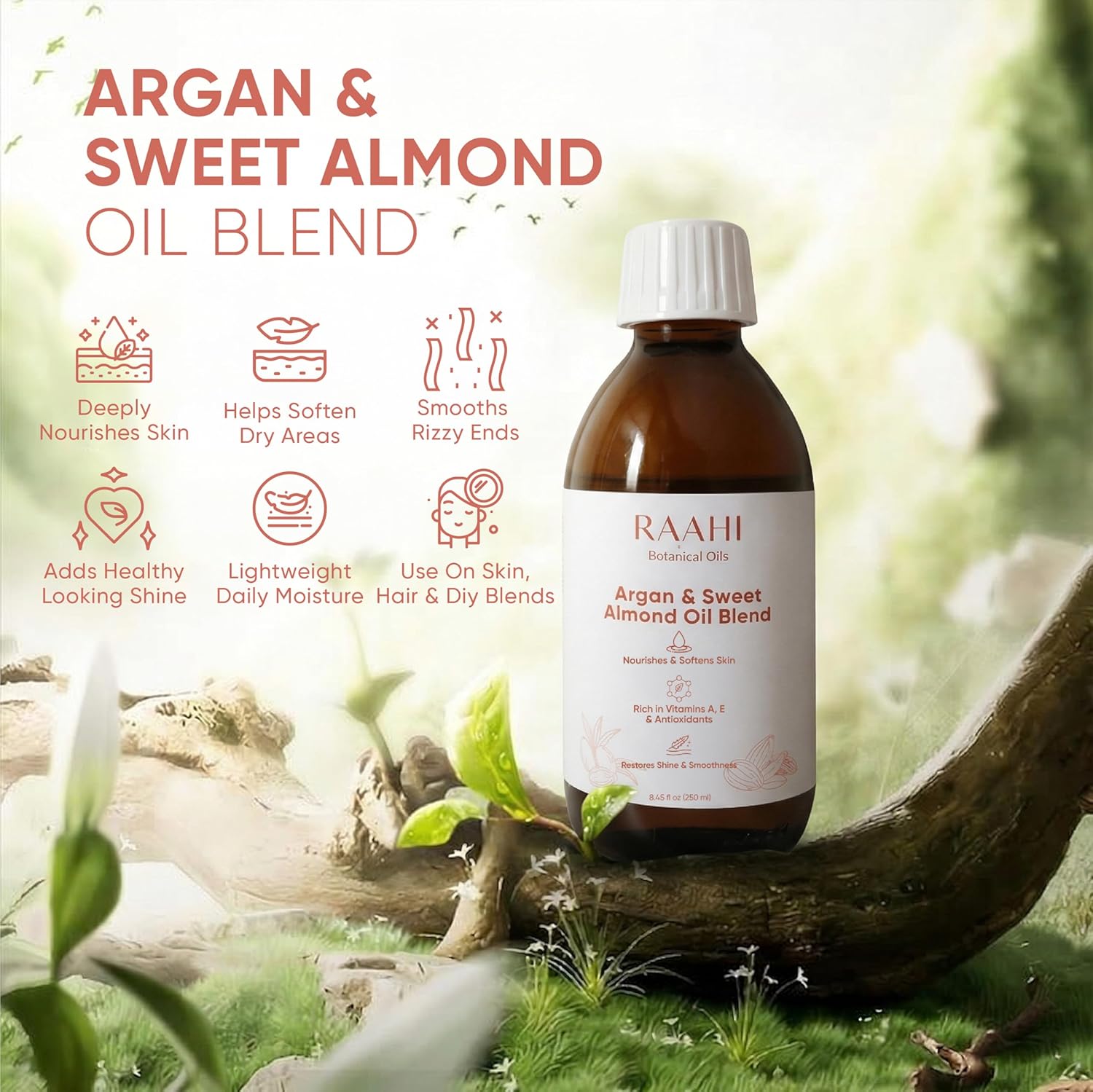 RAAHI Argan Oil and Sweet Almond Oil for Hair and Skin, 8.45 fl oz / 250 ml, Lightweight Non Greasy Moisturizer for Face, Body, Scalp and Hair
