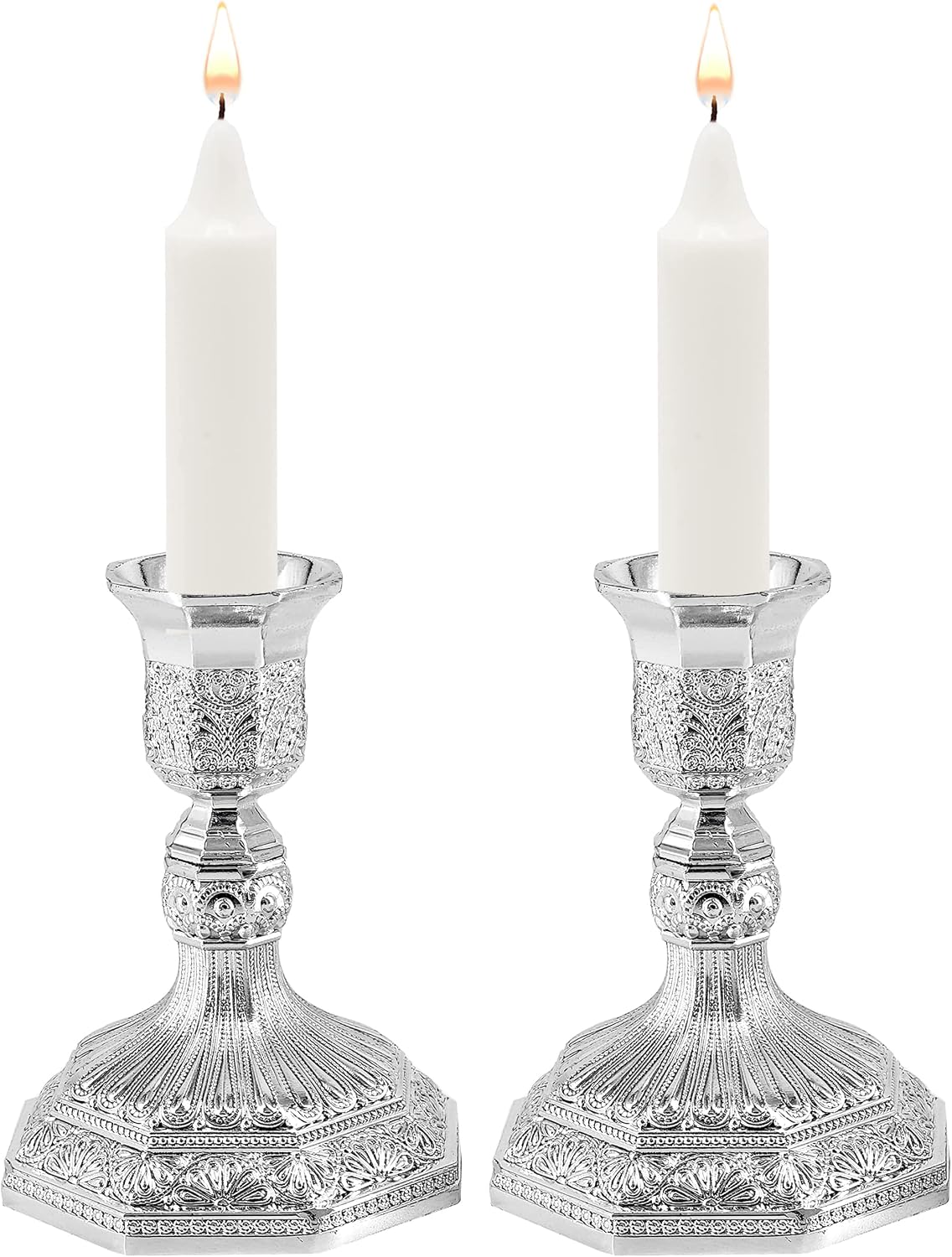 The Dreidel Company Shabbat Candlesticks Candle Holders Silver Plated, 2 Candlesticks Set Style 2