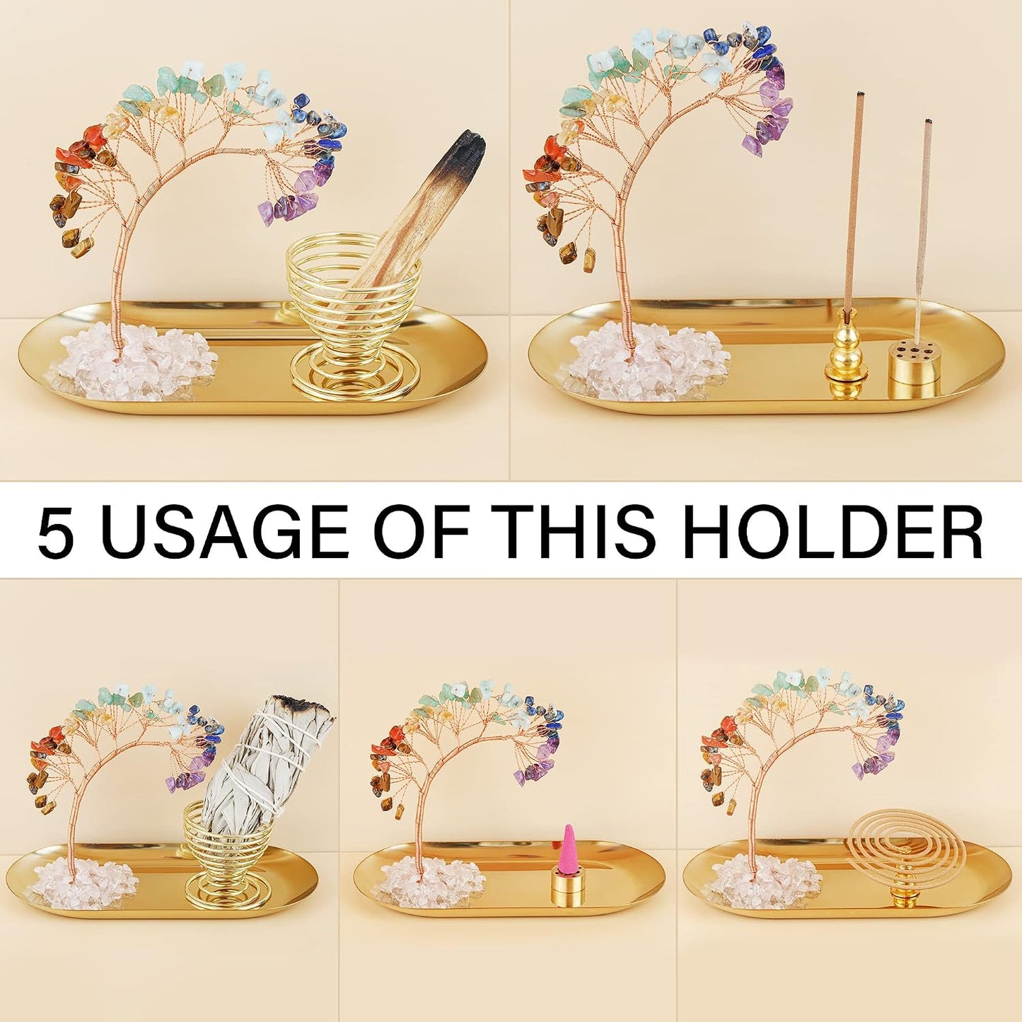 ZenBless 7 Chakra Healing Crystal Tree Incense Holder Palo Santo Sage Burner Brass Ash Catcher for Incense Sticks Coil Cones Yoga Meditation Zen Spiritual Room Home Decoration (Oval)