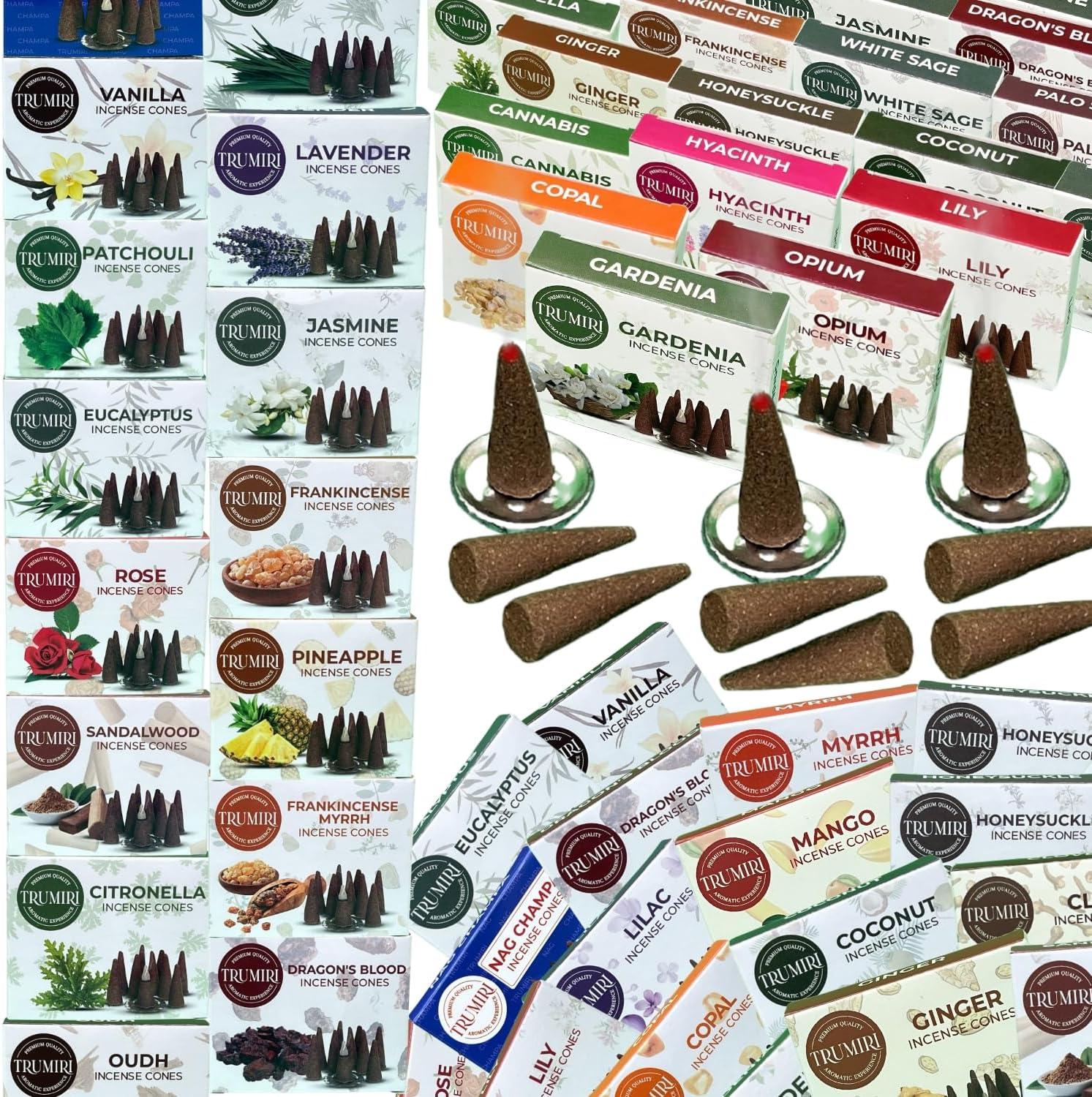 Trumiri Incense Cones Scented - 12 Random Scents - Insence Cones - Dhoop Cones - Large Long Lasting Insense Variety Pack - Inciensos - 10 Conos per Scent - Total 120 Cones