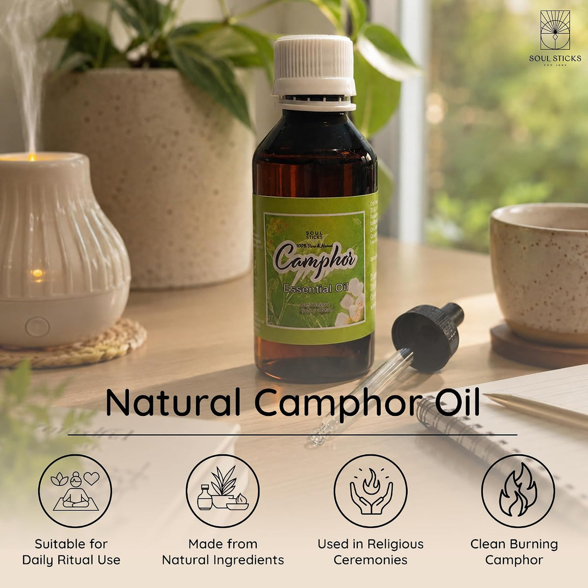 SOUL STICKS Natural Camphor Essential Oil 4 Fl Oz (120ml) 100% Natural Camphor Oil with Glass Dropper for Aromatherapy, Puja, Massage, Skin Care