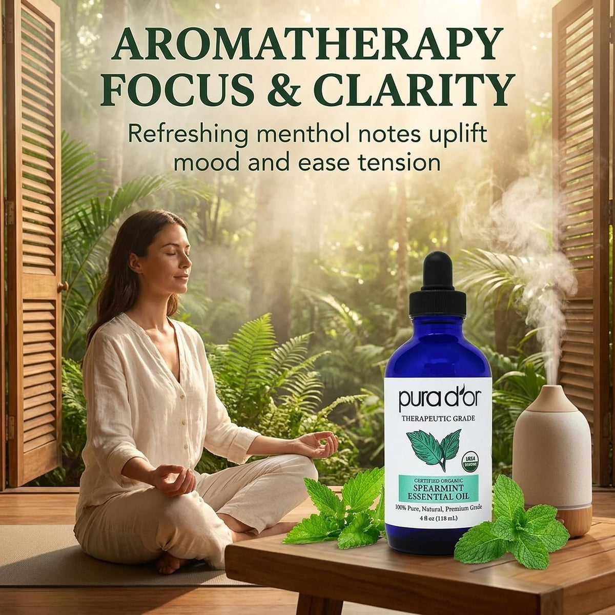 PURA D'OR Organic Spearmint Essential Oil (4oz with Glass Dropper) USDA Certified 100% Pure & Natural Therapeutic Grade