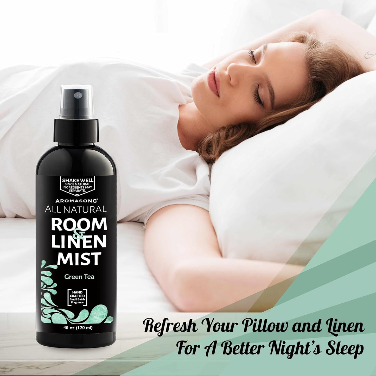 Aromasong All Natural Room & Linen Spray, Green Tea Scent, for Bedding, Sheets, Couches, Pillow, Fabric Freshener Spray for Bed Sheet, Odor Eliminator Air Freshener All Natural Fragrance Oil Spray.