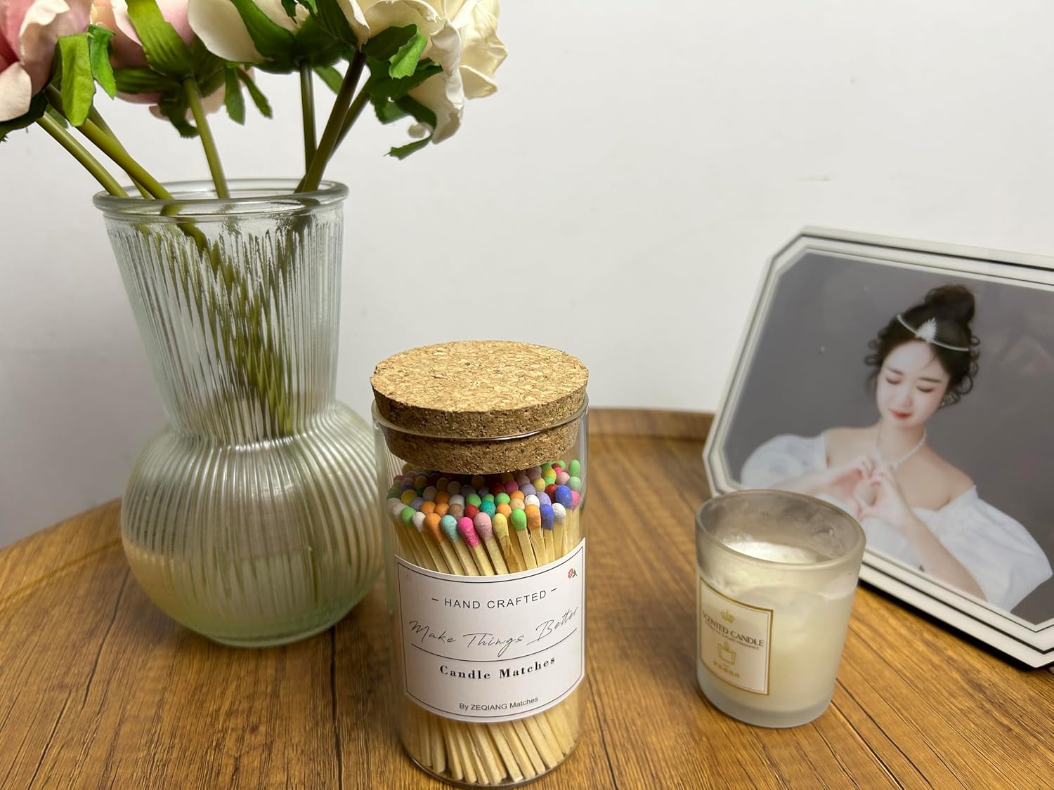 150Pcs Rainbow Matches Included, Glass Match Holder with Striker, Match Bottle with Candles Matches, Match in a Jar with Striker, 4'' Colorful Match, Long Wooden Safety Match for Fireplace BBQ