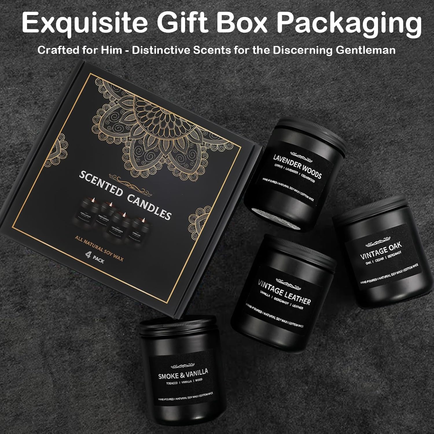 Scented Candle Set, Men Candle Set, Scented Candles for Home, Gifts for Men, 4 Pack Manly Candles Gifts for Mens Scents of Smoke Vanilla/Leather/Oak/Lavender Wood